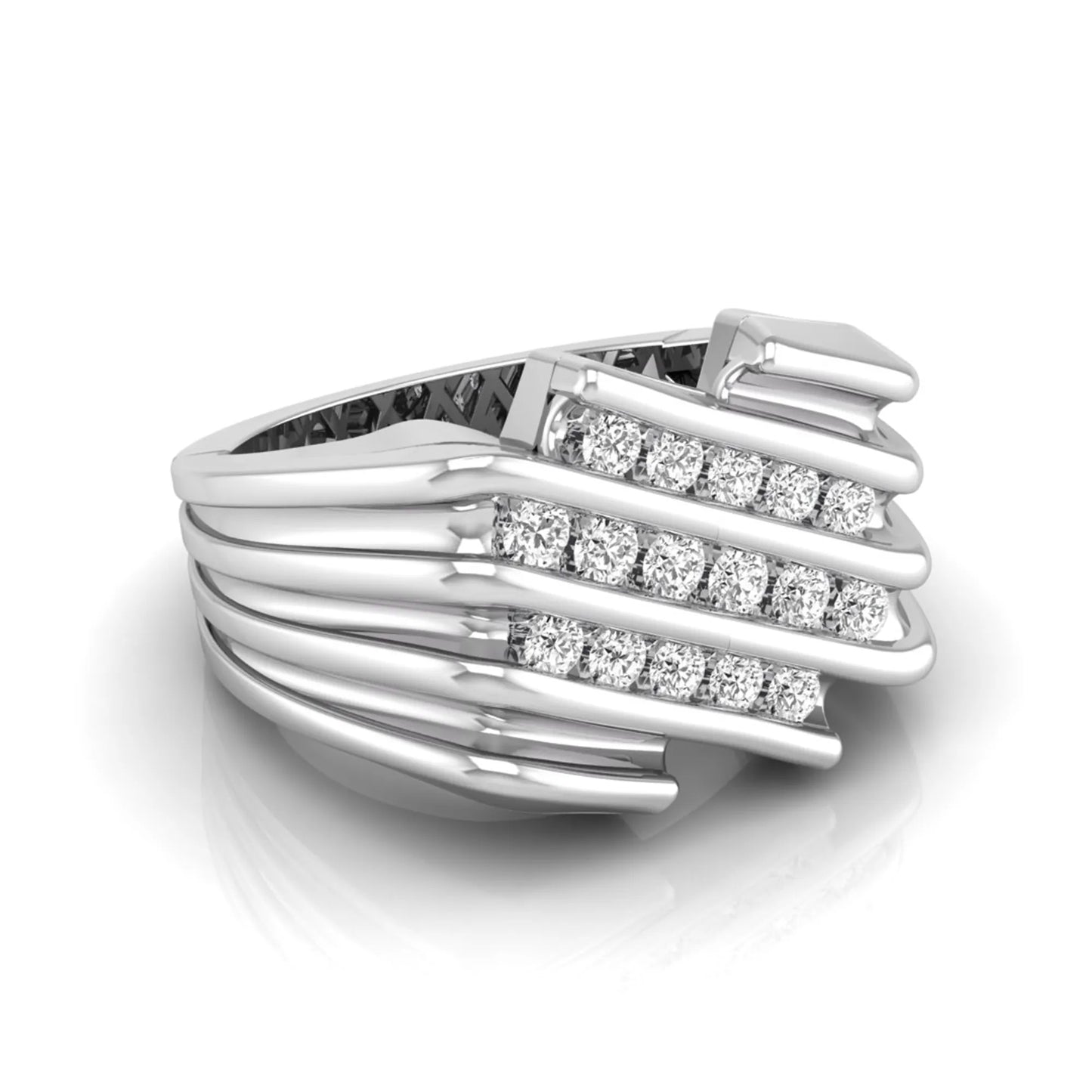 white gold Men's statement ring featuring multiple rows of round cut lab grown diamonds in a bold architectural design