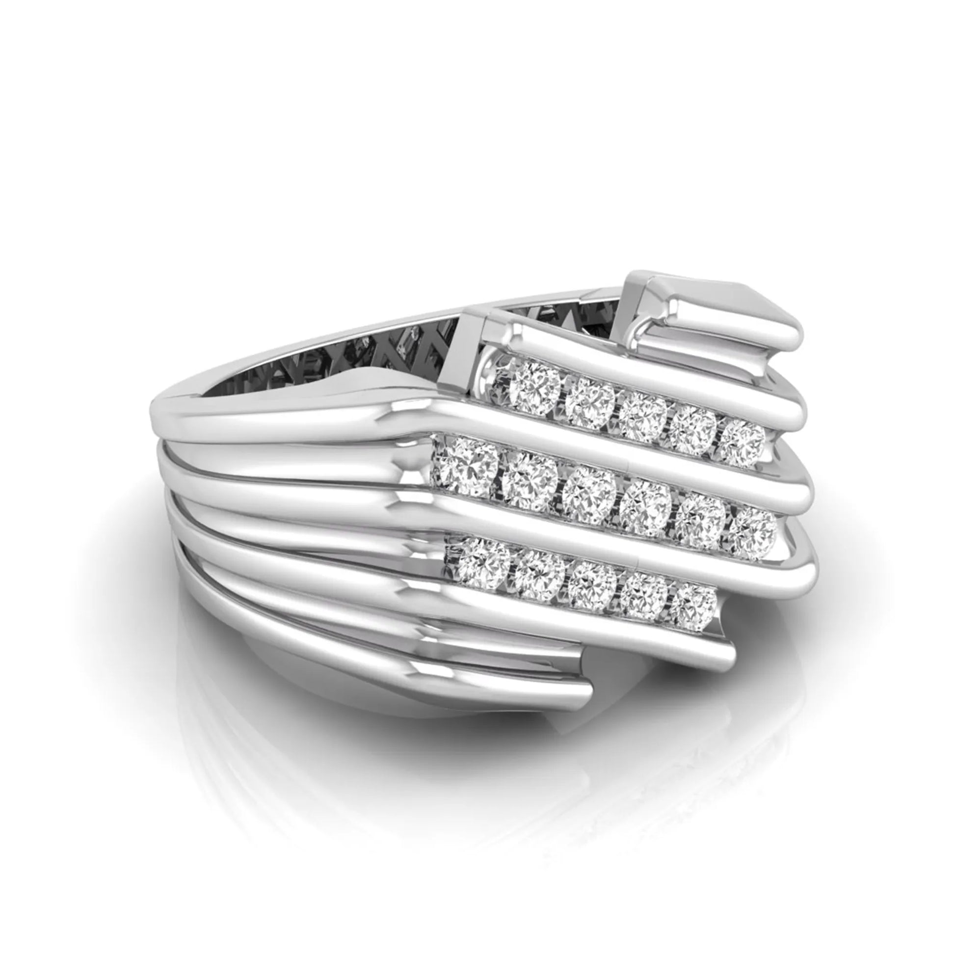 white gold Men's statement ring featuring multiple rows of round cut lab grown diamonds in a bold architectural design