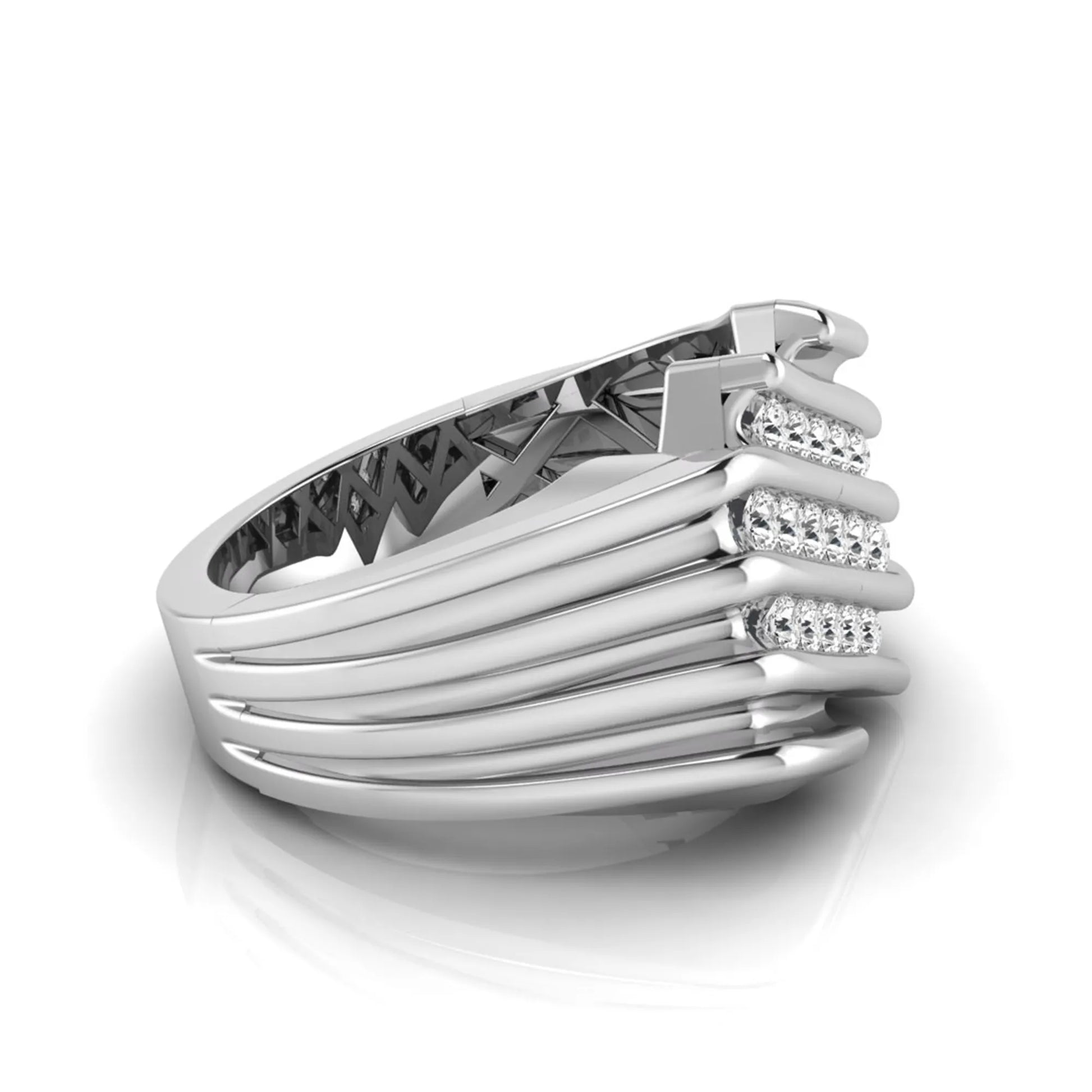 white gold Men's statement ring featuring multiple rows of round cut lab grown diamonds in a bold architectural design
