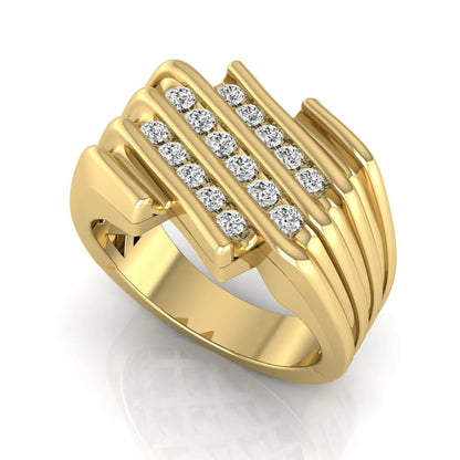 yellow gold Men's statement ring featuring multiple rows of round cut lab grown diamonds in a bold architectural design