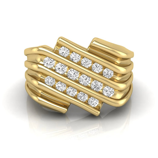yellow gold Men's statement ring featuring multiple rows of round cut lab grown diamonds in a bold architectural design