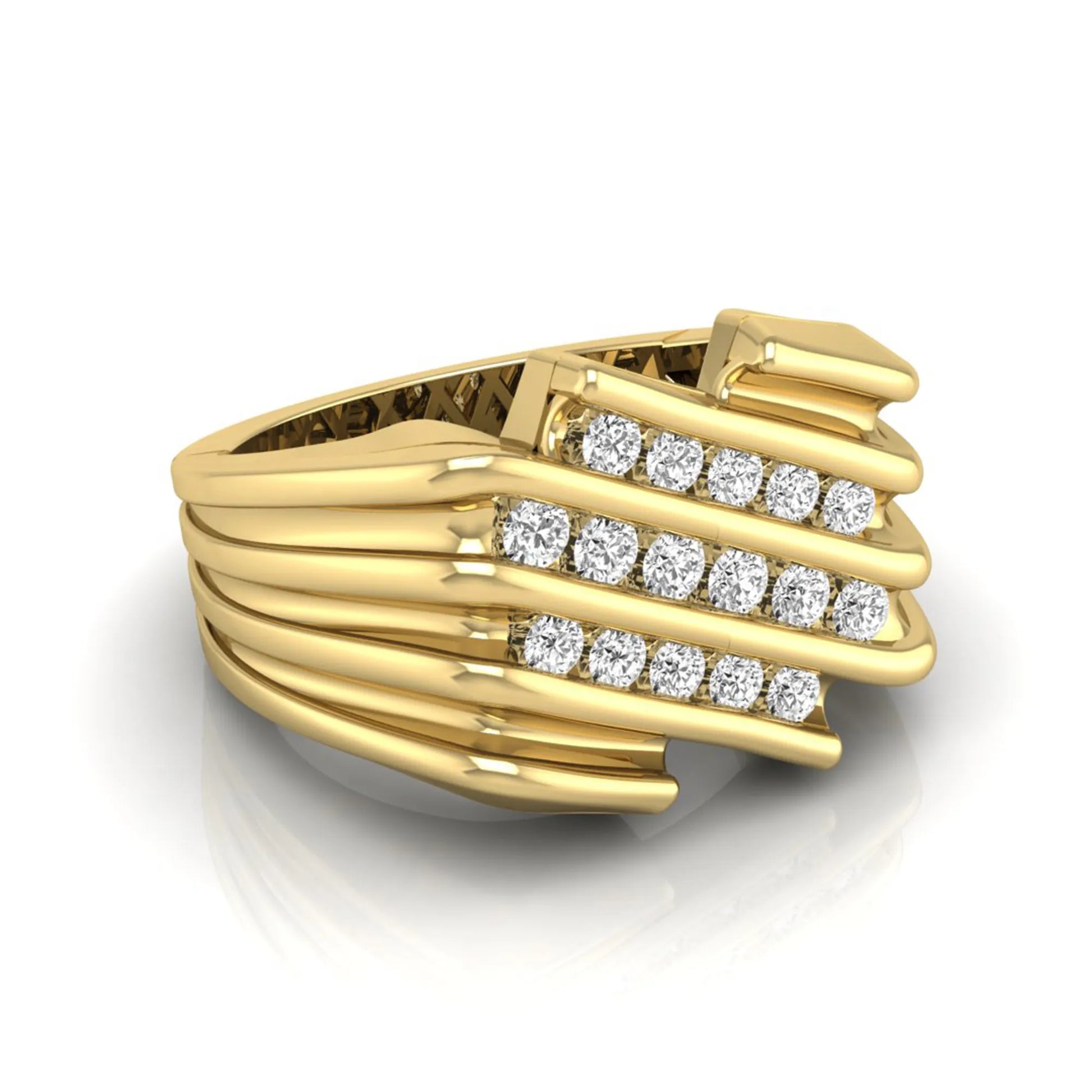 yellow gold Men's statement ring featuring multiple rows of round cut lab grown diamonds in a bold architectural design