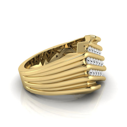 yellow gold Men's statement ring featuring multiple rows of round cut lab grown diamonds in a bold architectural design