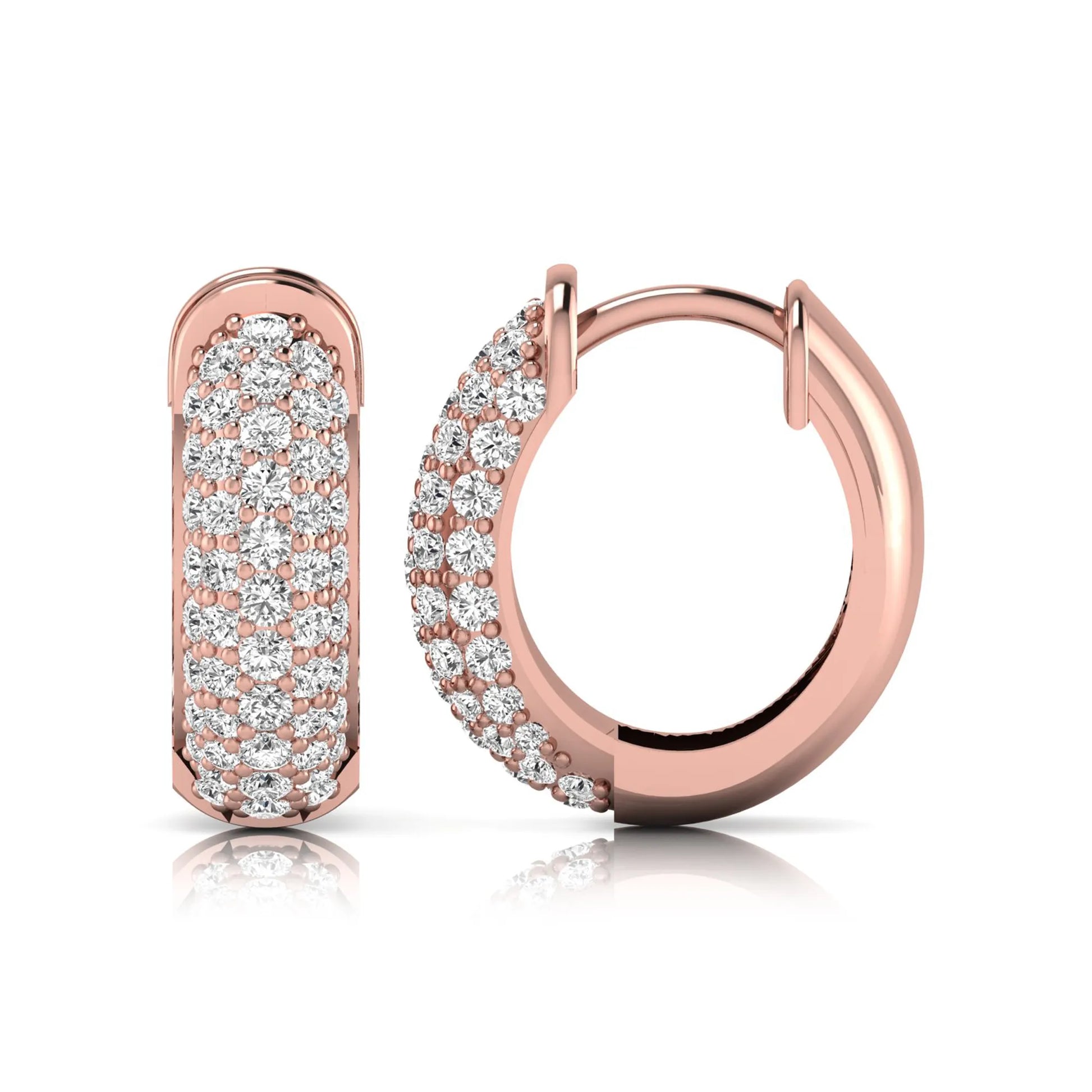 Rose-gold hoop earrings with diamond accents on a white background
