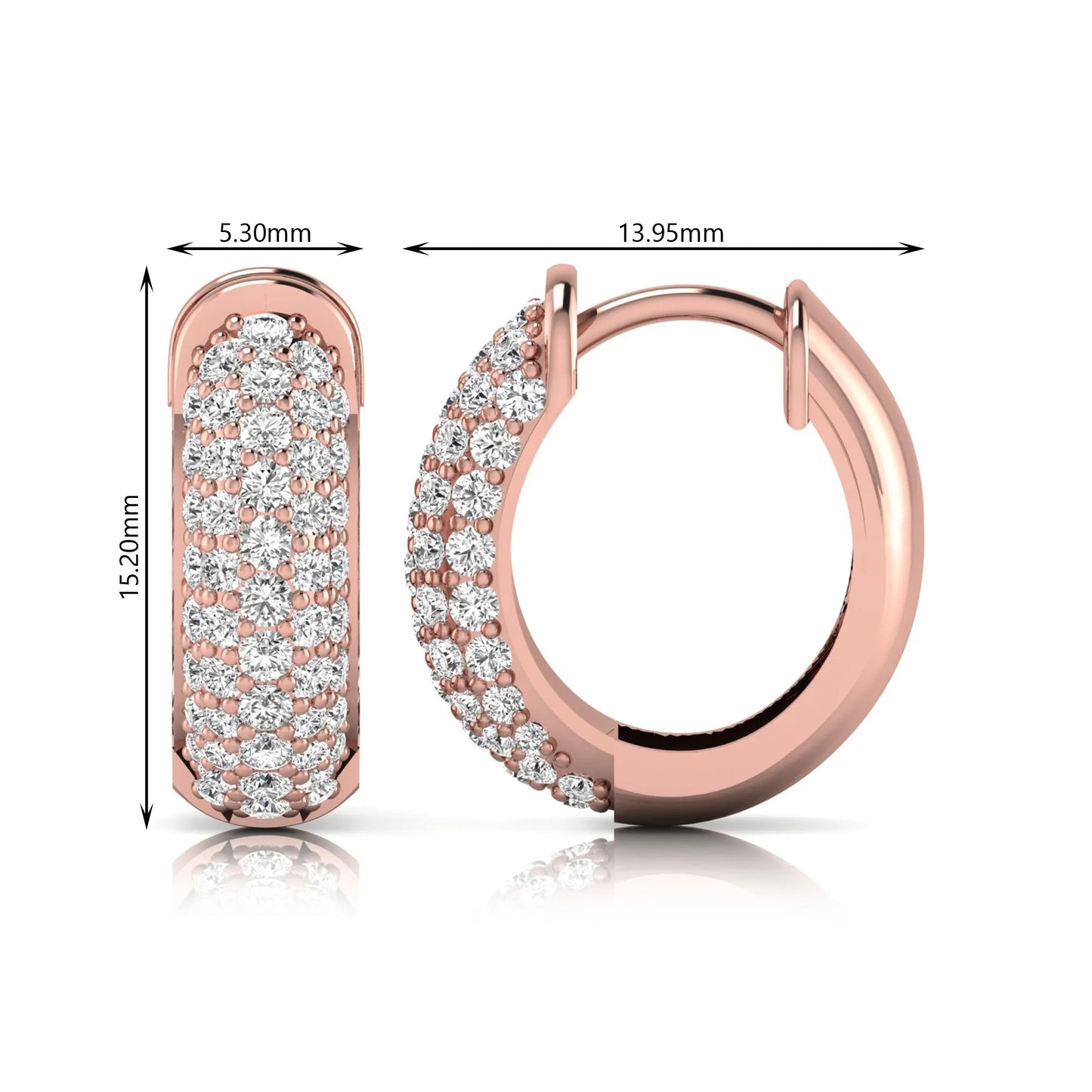 Rose-gold hoop earrings with diamond accents and measurements on a white background