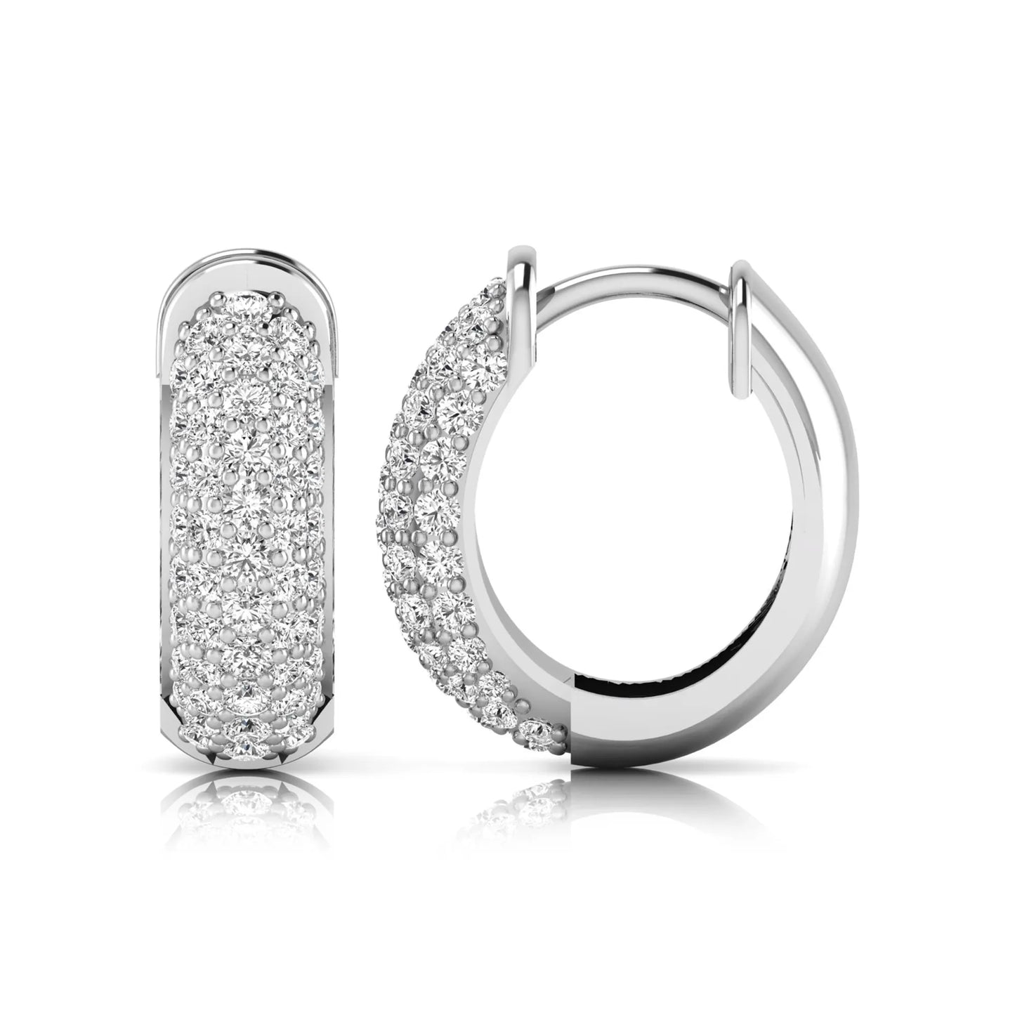 white-gold hoop earrings with clear gemstones on a white background