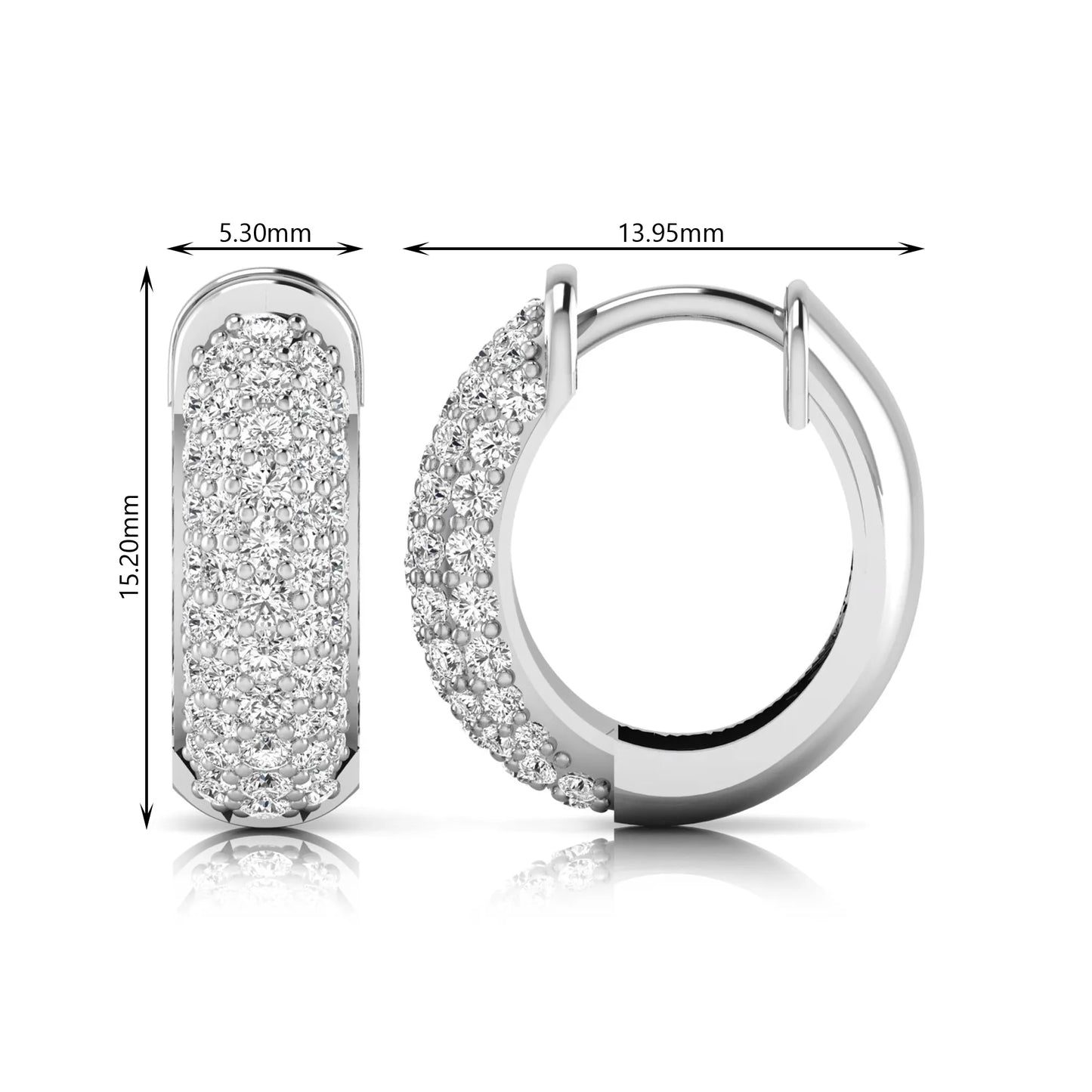white-gold hoop earrings with clear gemstones and dimensions on a white background