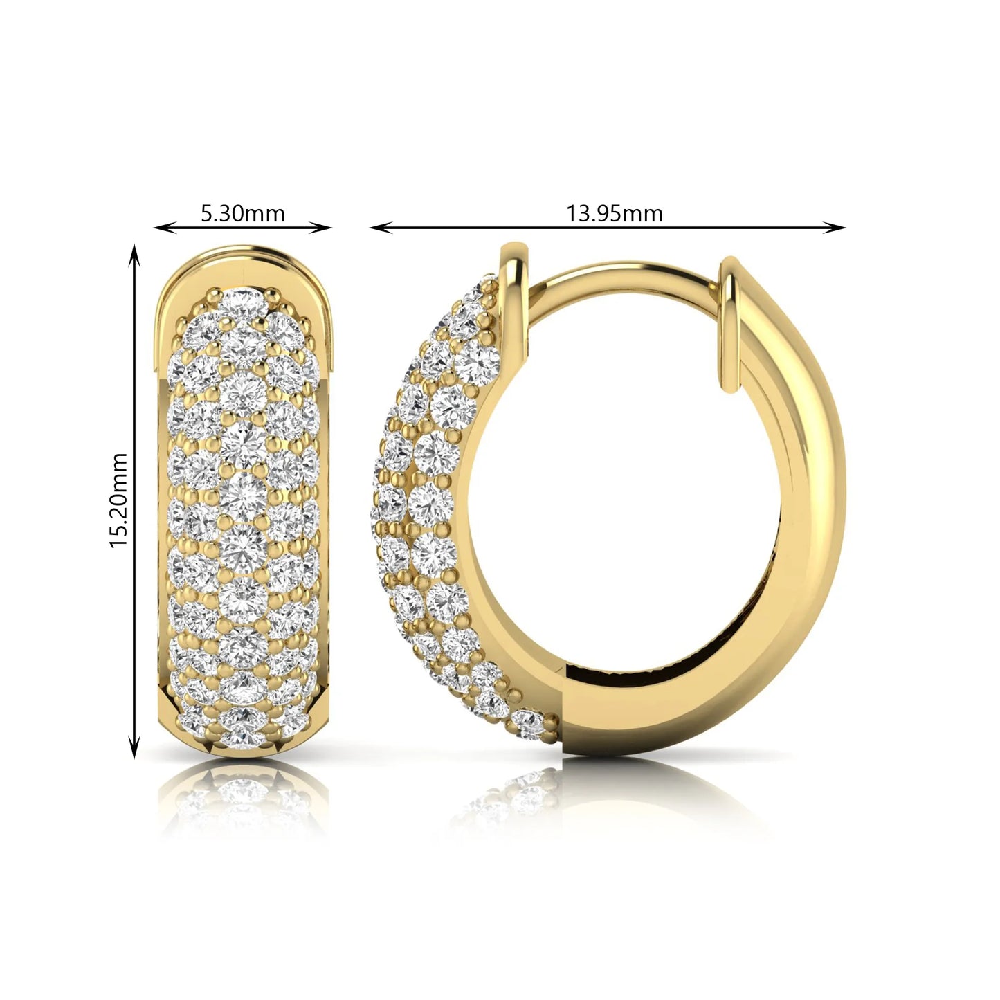 yellow-Gold hoop earrings with diamond accents and measurements on a white background