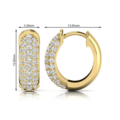 yellow-Gold hoop earrings with diamond accents and measurements on a white background