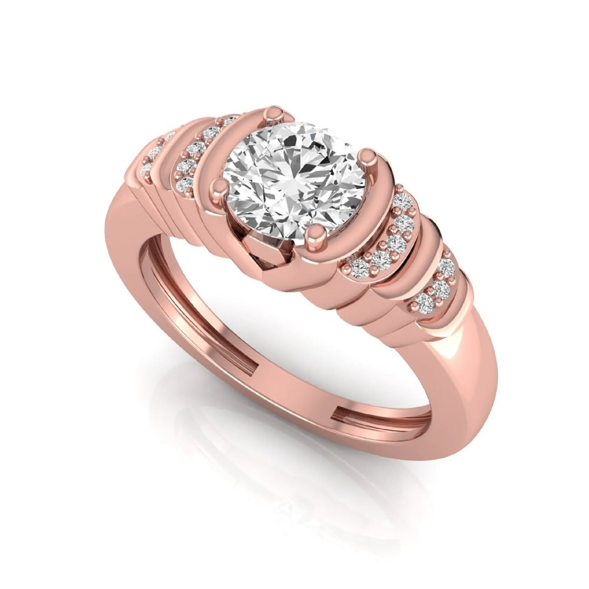 Round cut lab grown diamond engagement ring featuring a 0.84 carat center diamond with round side stone accents in rose gold.