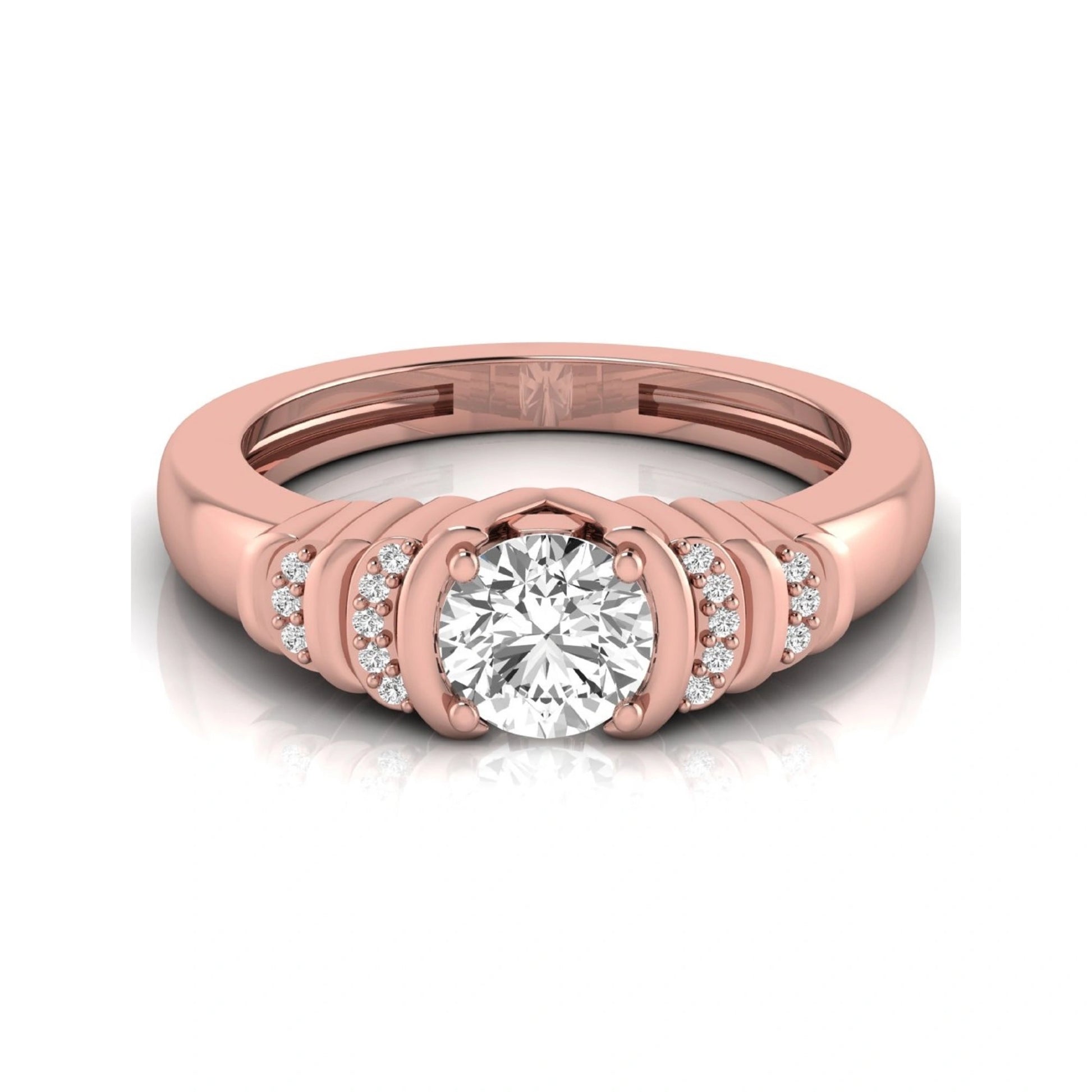 Round cut lab grown diamond engagement ring featuring a 0.84 carat center diamond with round side stone accents in rose gold.