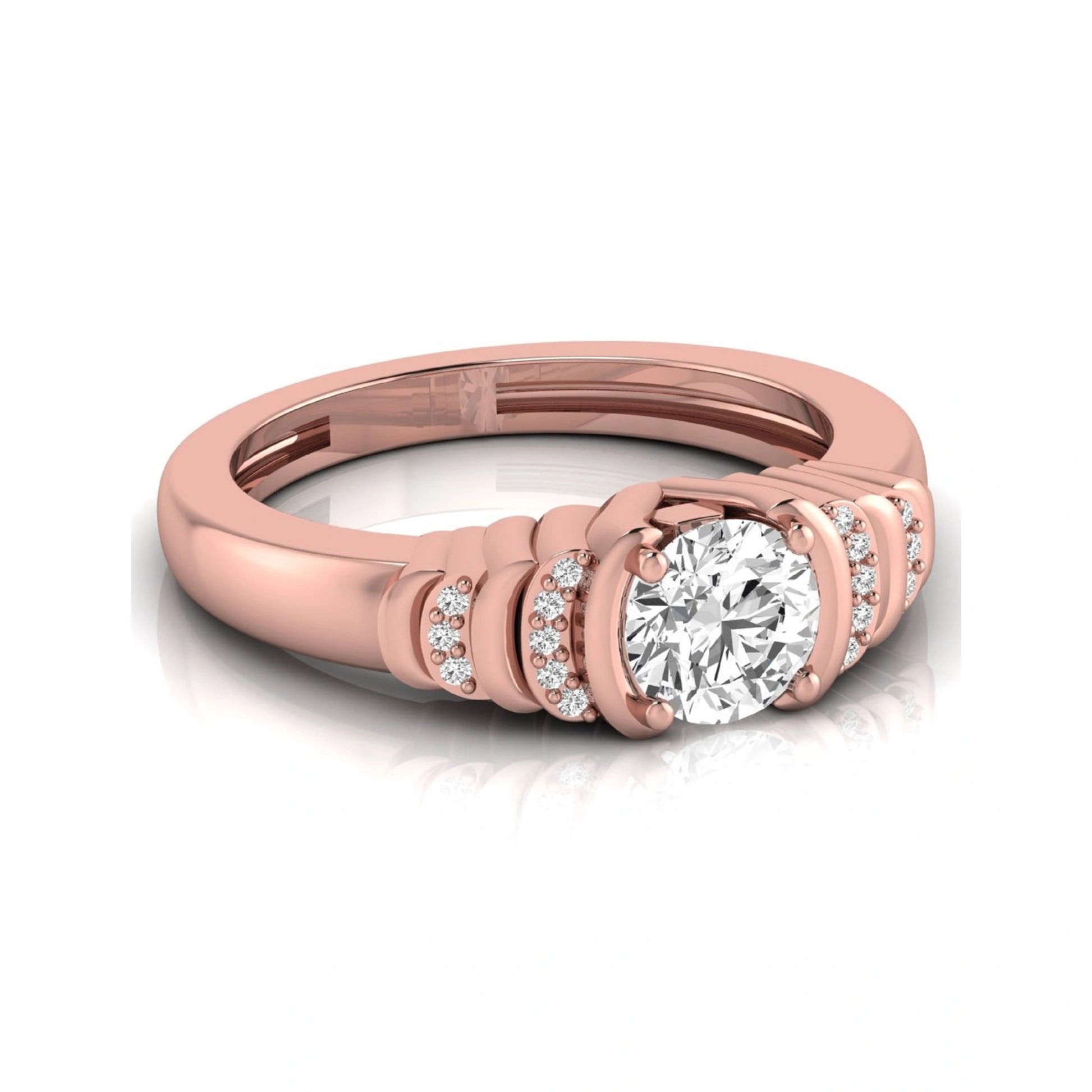 Round cut lab grown diamond engagement ring featuring a 0.84 carat center diamond with round side stone accents in rose gold.