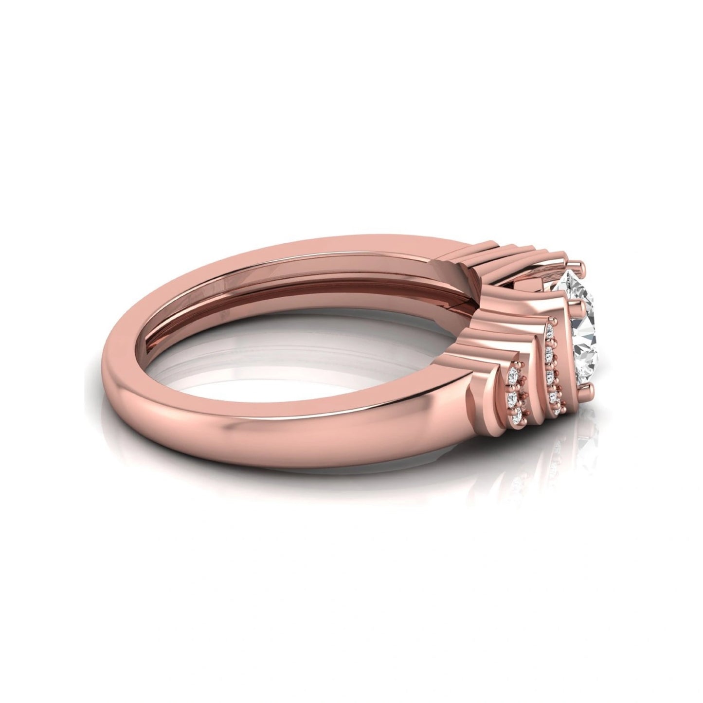Round cut lab grown diamond engagement ring featuring a 0.84 carat center diamond with round side stone accents in rose gold.