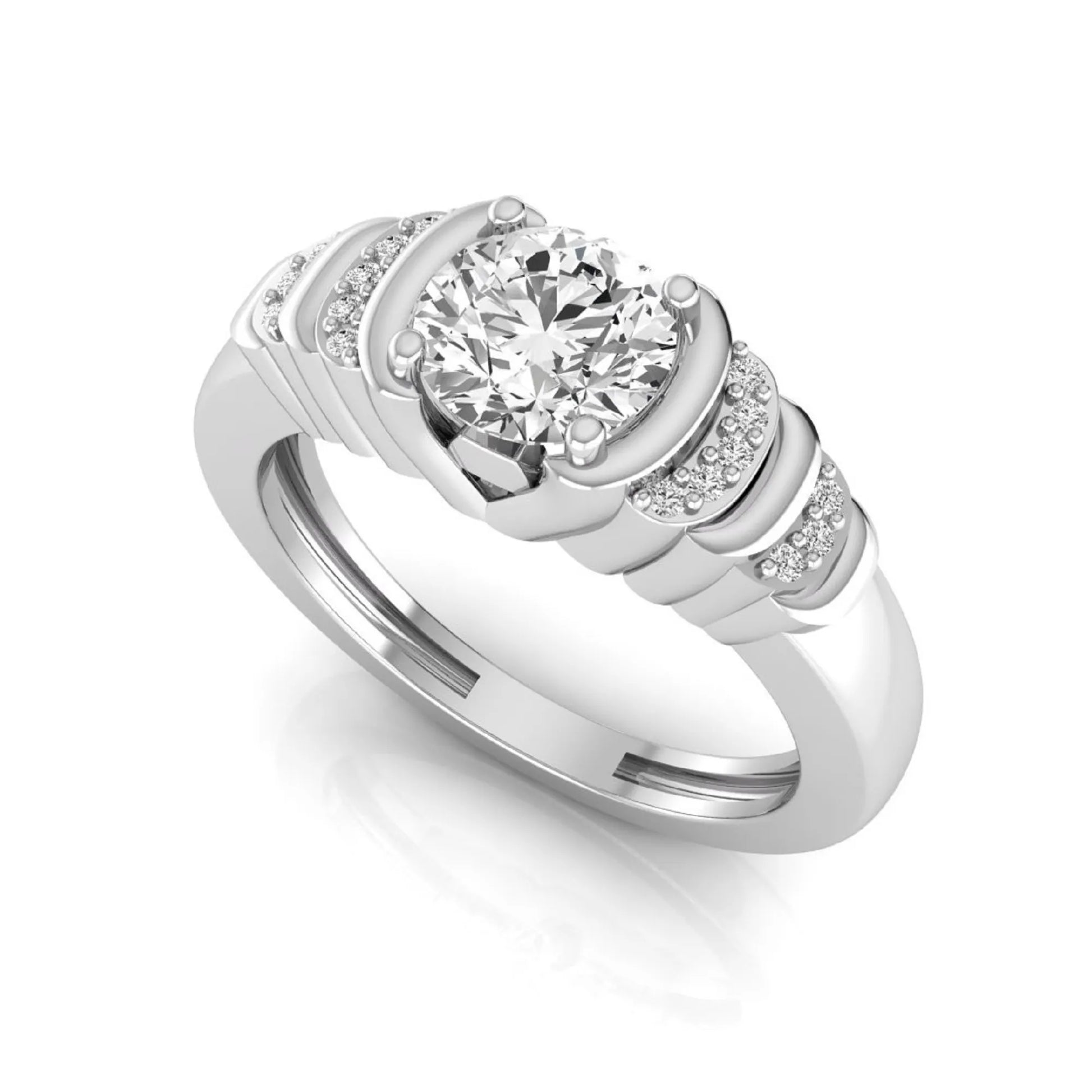 Round cut lab grown diamond engagement ring featuring a 0.84 carat center diamond with round side stone accents in white gold.