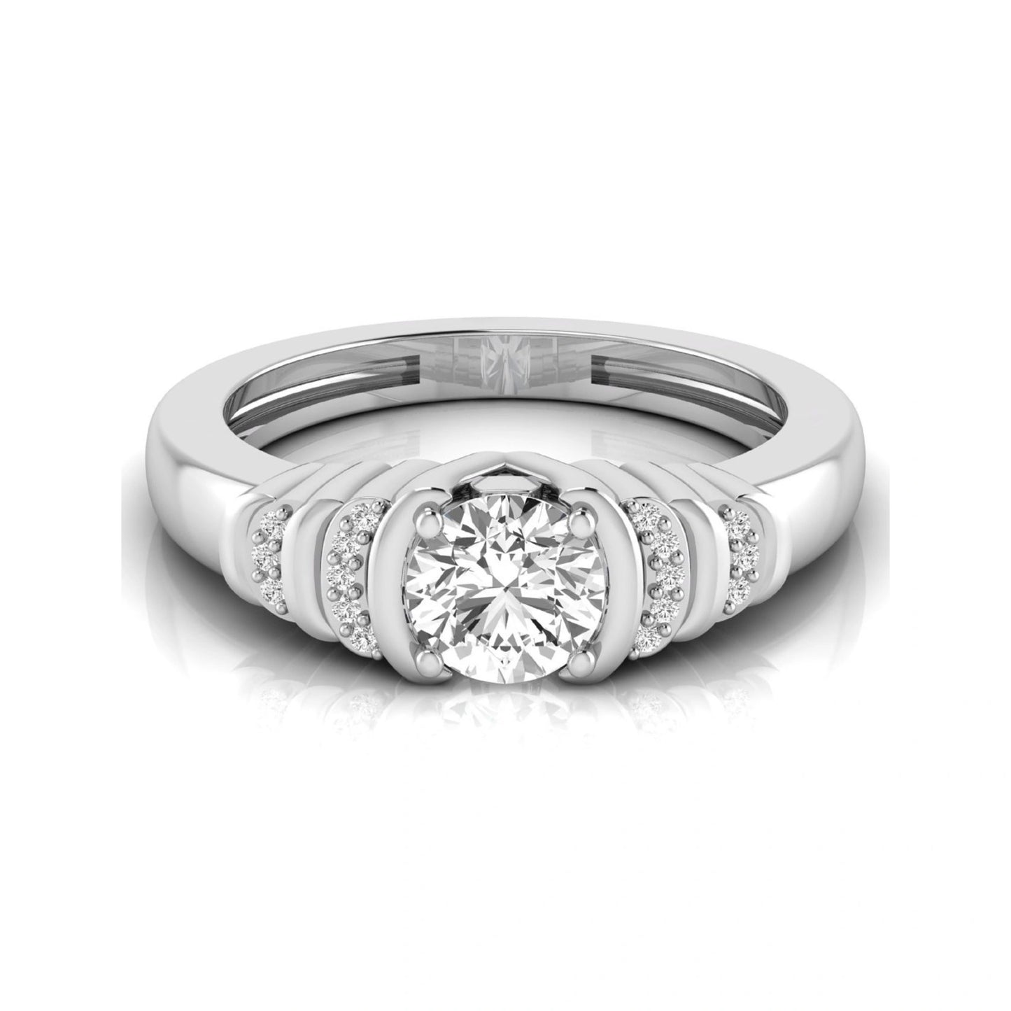 Round cut lab grown diamond engagement ring featuring a 0.84 carat center diamond with round side stone accents in white gold.