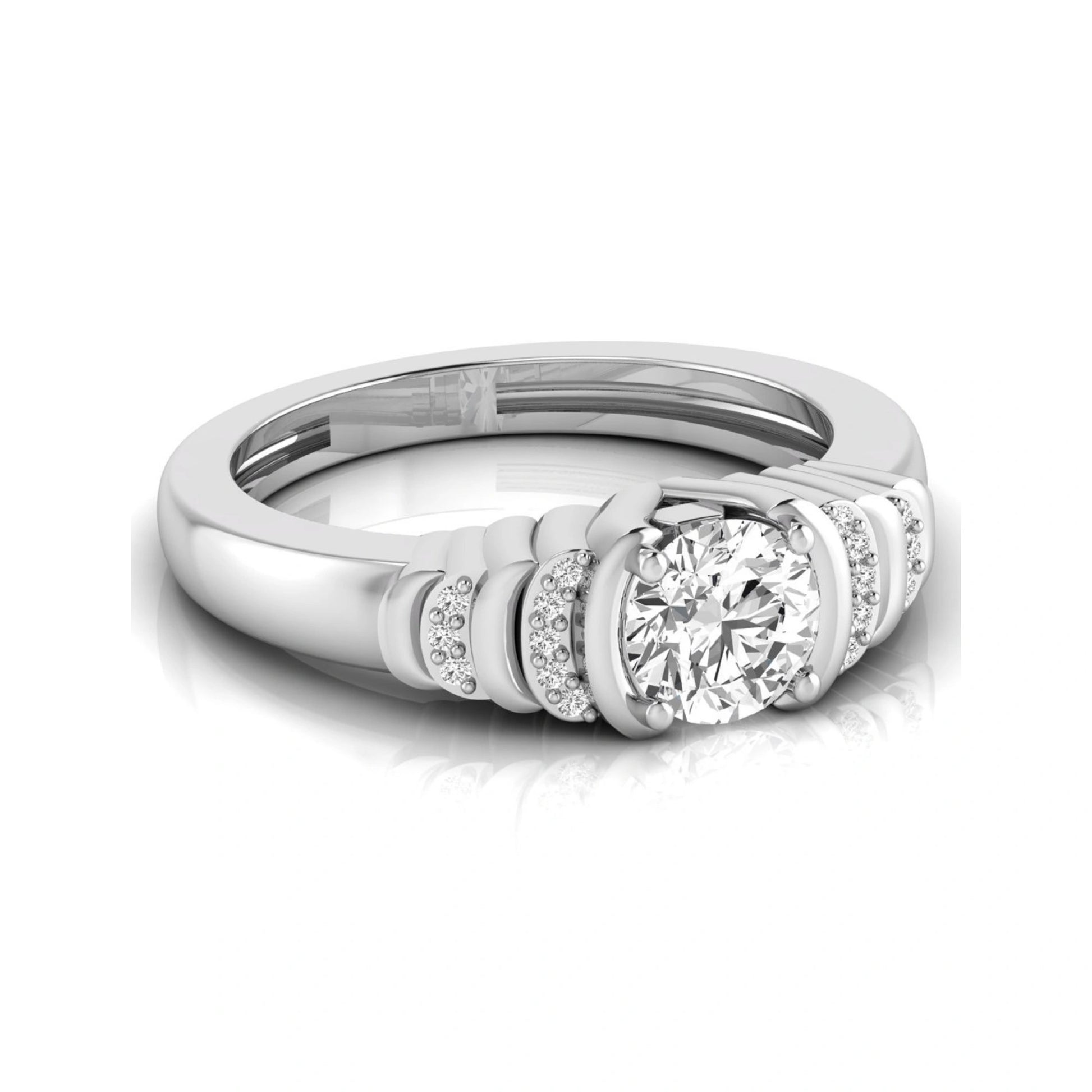 Round cut lab grown diamond engagement ring featuring a 0.84 carat center diamond with round side stone accents in white gold.