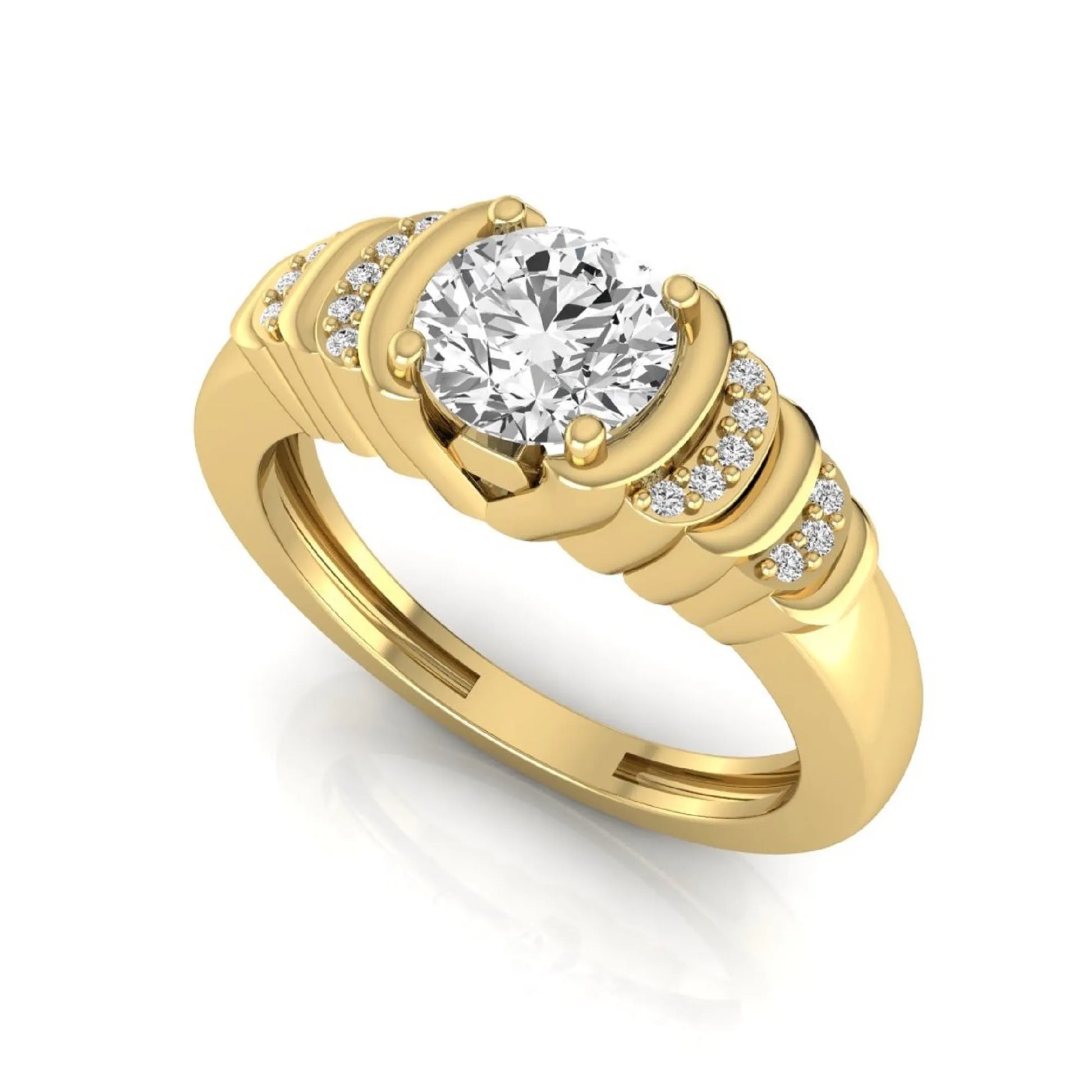Round cut lab grown diamond engagement ring featuring a 0.84 carat center diamond with round side stone accents in yellow gold.