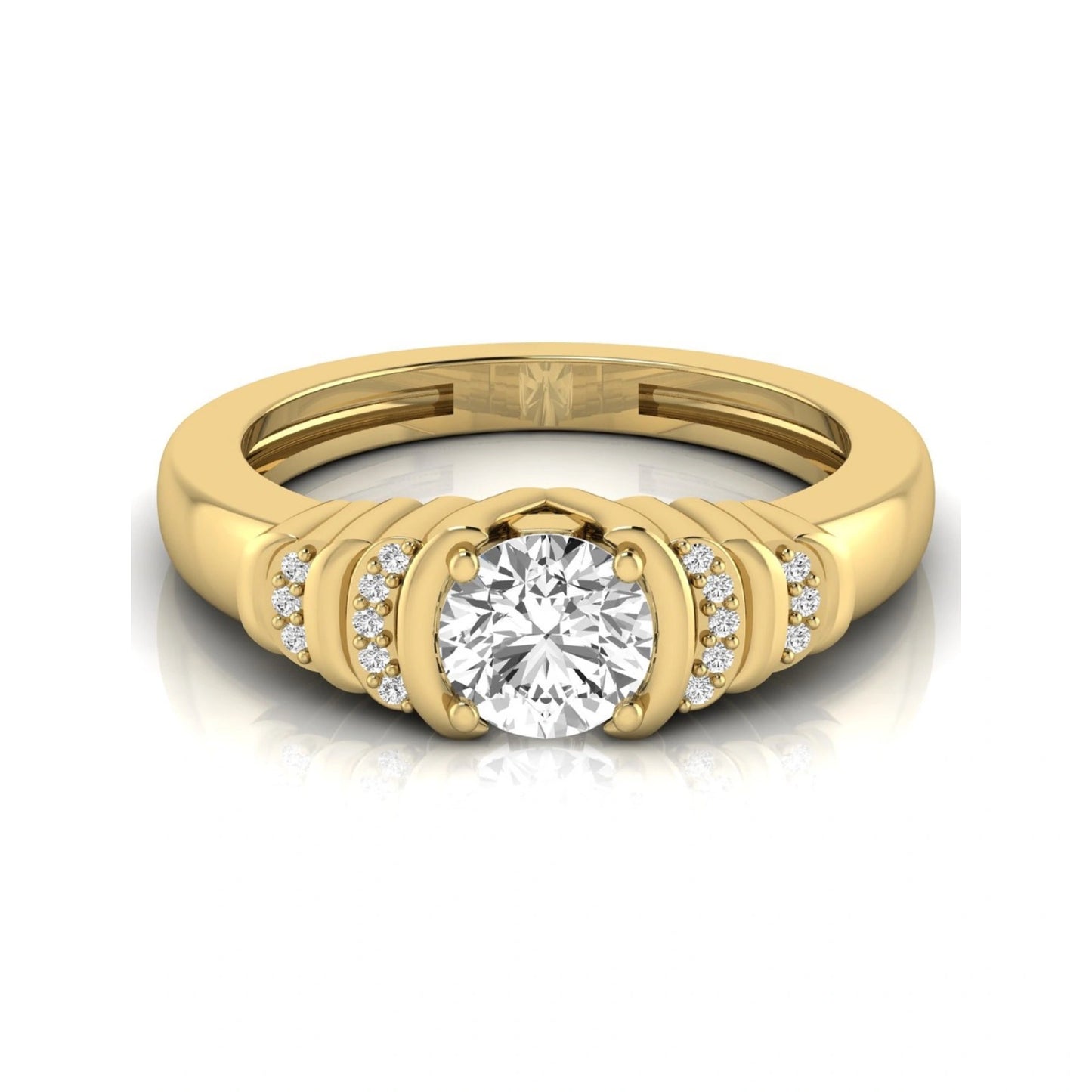 Round cut lab grown diamond engagement ring featuring a 0.84 carat center diamond with round side stone accents in yellow gold.