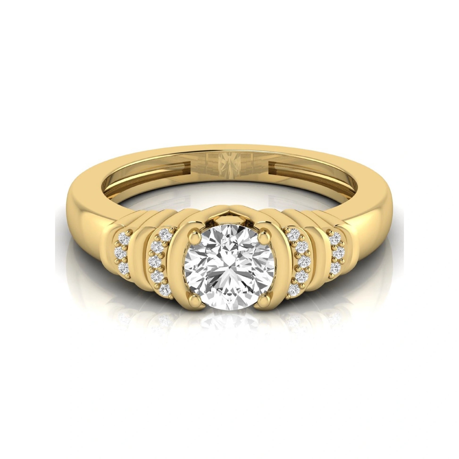 Round cut lab grown diamond engagement ring featuring a 0.84 carat center diamond with round side stone accents in yellow gold.
