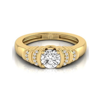 Round cut lab grown diamond engagement ring featuring a 0.84 carat center diamond with round side stone accents in yellow gold.
