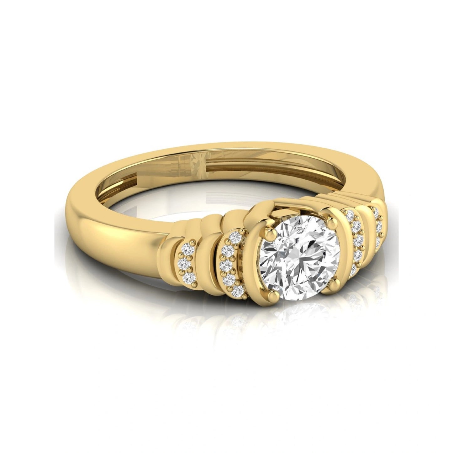 Round cut lab grown diamond engagement ring featuring a 0.84 carat center diamond with round side stone accents in yellow gold.