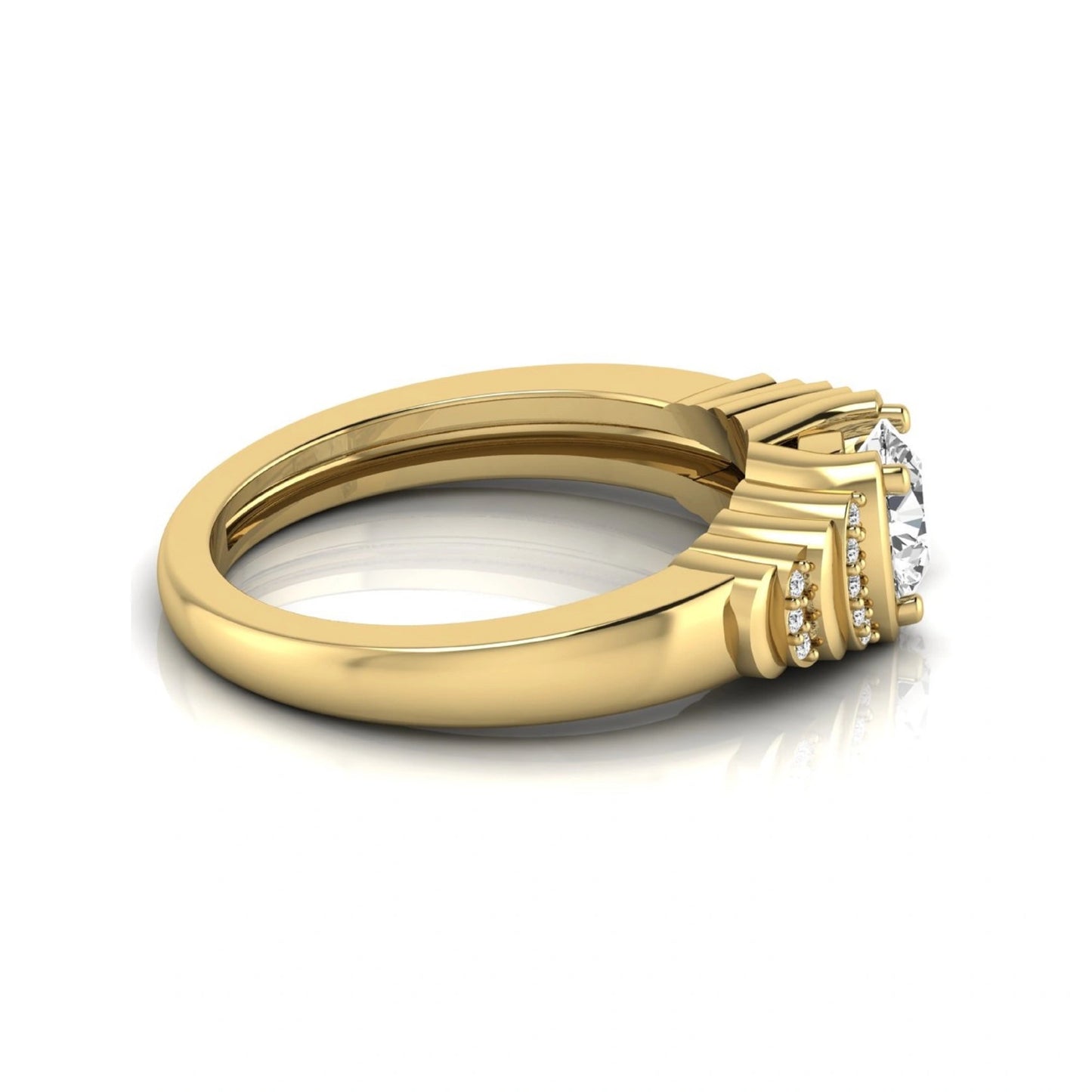 Round cut lab grown diamond engagement ring featuring a 0.84 carat center diamond with round side stone accents in yellow gold.