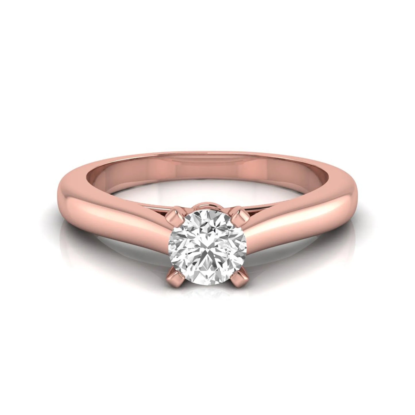Round cut lab grown diamond solitaire engagement ring featuring a 0.33 carat center diamond in a classic four-prong setting in rose gold