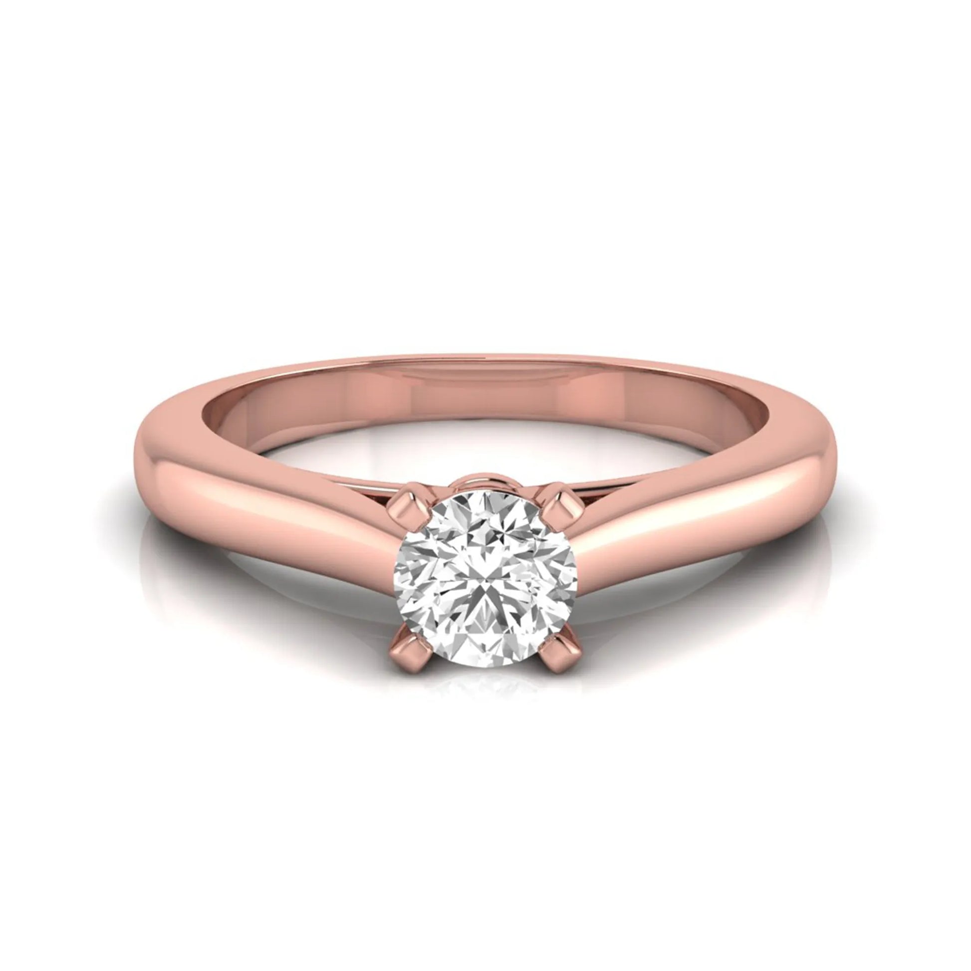 Round cut lab grown diamond solitaire engagement ring featuring a 0.33 carat center diamond in a classic four-prong setting in rose gold