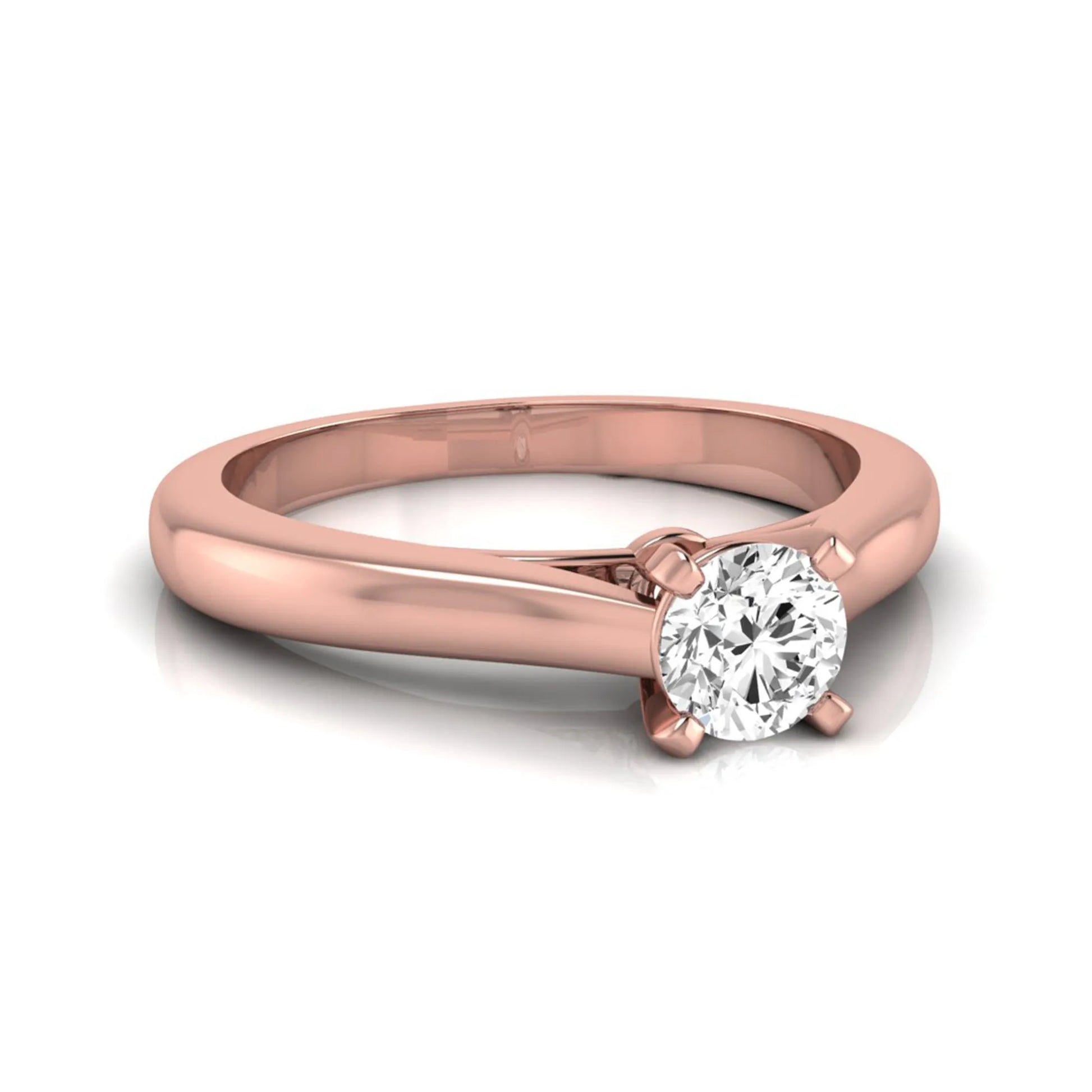 Round cut lab grown diamond solitaire engagement ring featuring a 0.33 carat center diamond in a classic four-prong setting in rose gold