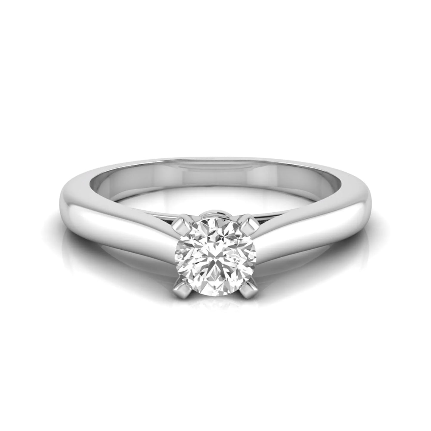 Round cut lab grown diamond solitaire engagement ring featuring a 0.33 carat center diamond in a classic four-prong setting in white gold