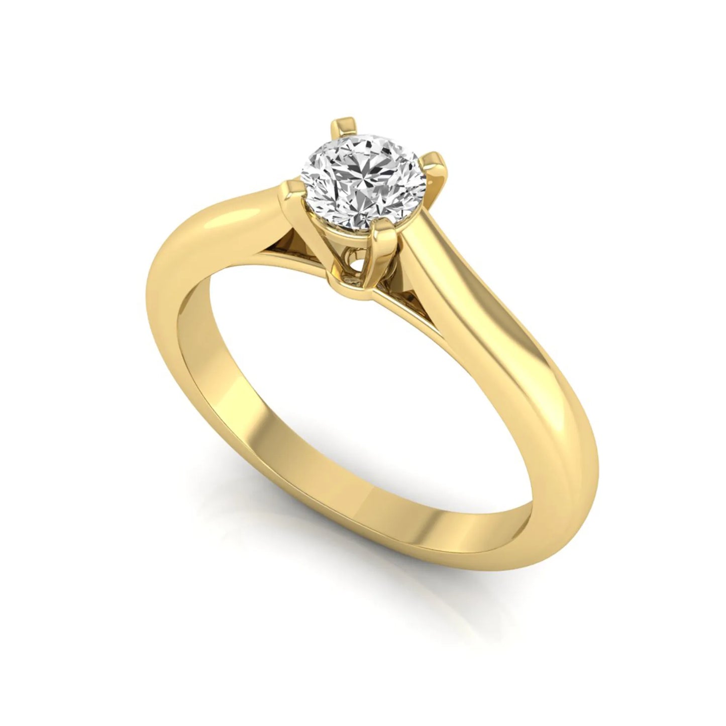 Round cut lab grown diamond solitaire engagement ring featuring a 0.33 carat center diamond in a classic four-prong setting in yellow gold