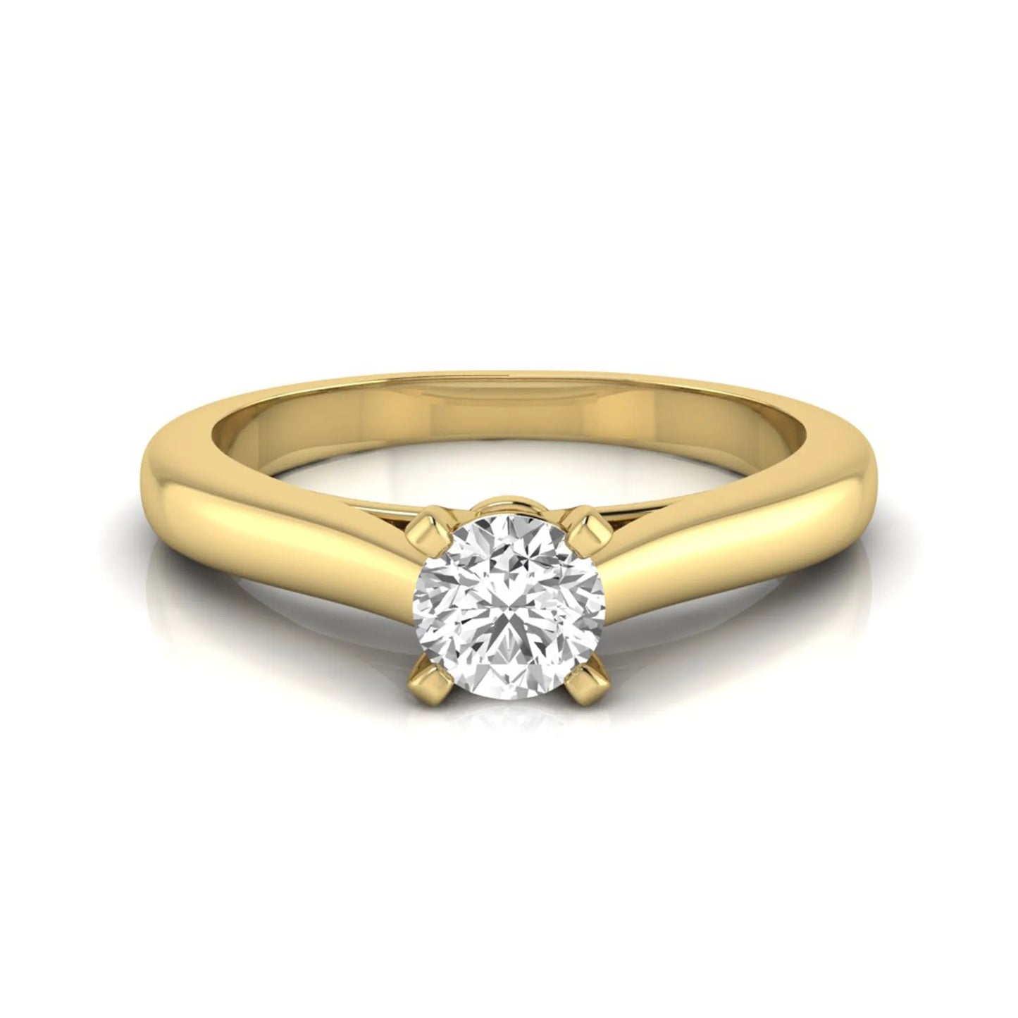 Round cut lab grown diamond solitaire engagement ring featuring a 0.33 carat center diamond in a classic four-prong setting in yellow gold