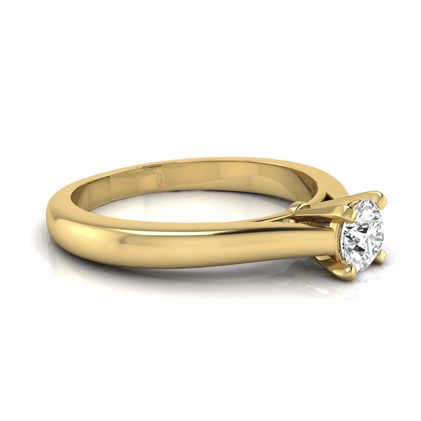 Round cut lab grown diamond solitaire engagement ring featuring a 0.33 carat center diamond in a classic four-prong setting in yellow gold