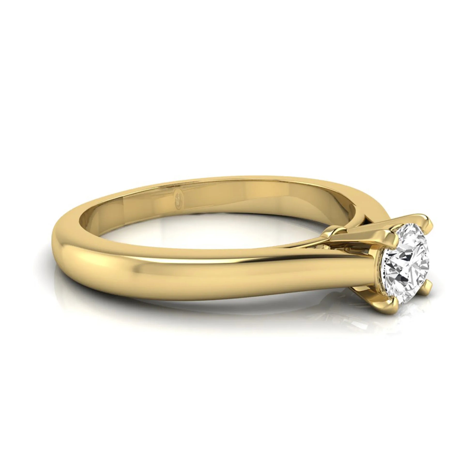 Round cut lab grown diamond solitaire engagement ring featuring a 0.33 carat center diamond in a classic four-prong setting in yellow gold
