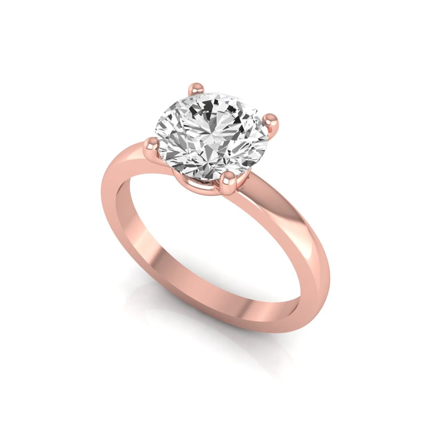 Round cut IGI certified 2.04 carat lab grown diamond solitaire engagement ring in rose gold with a classic four-prong setting.
