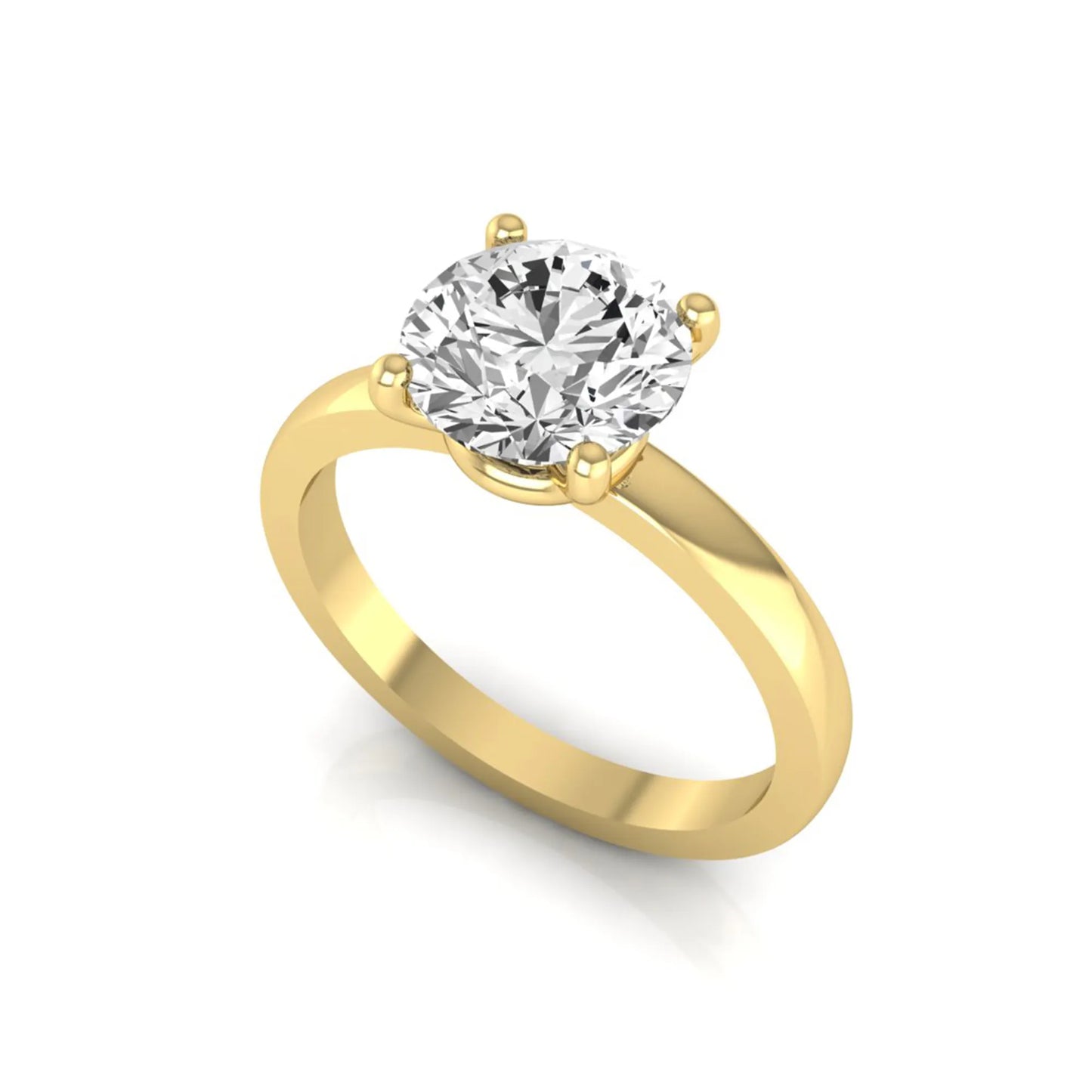 Round cut IGI certified 2.04 carat lab grown diamond solitaire engagement ring in yellow gold with a classic four-prong setting.