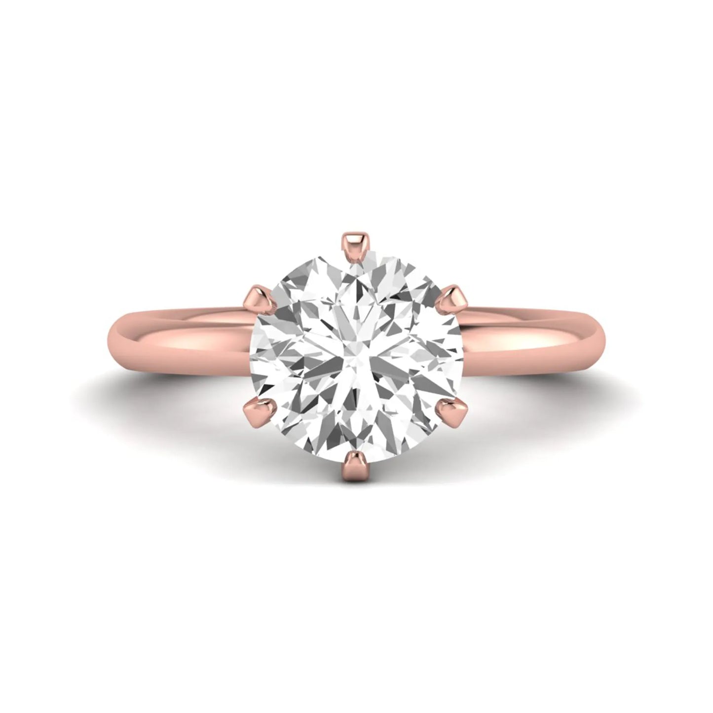 IGI certified round cut lab grown diamond solitaire engagement ring in rose gold with a classic six-prong setting.
