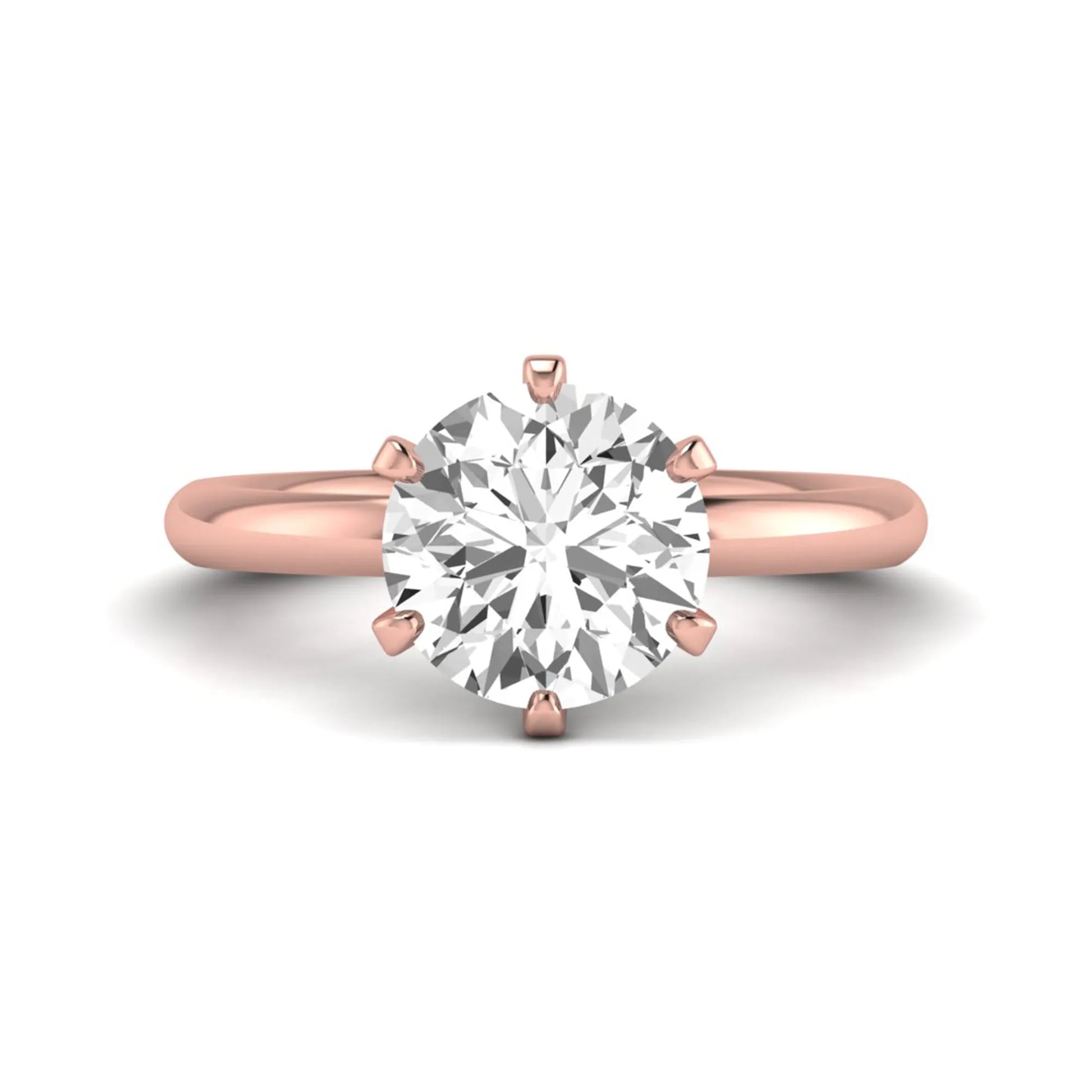 IGI certified round cut lab grown diamond solitaire engagement ring in rose gold with a classic six-prong setting.