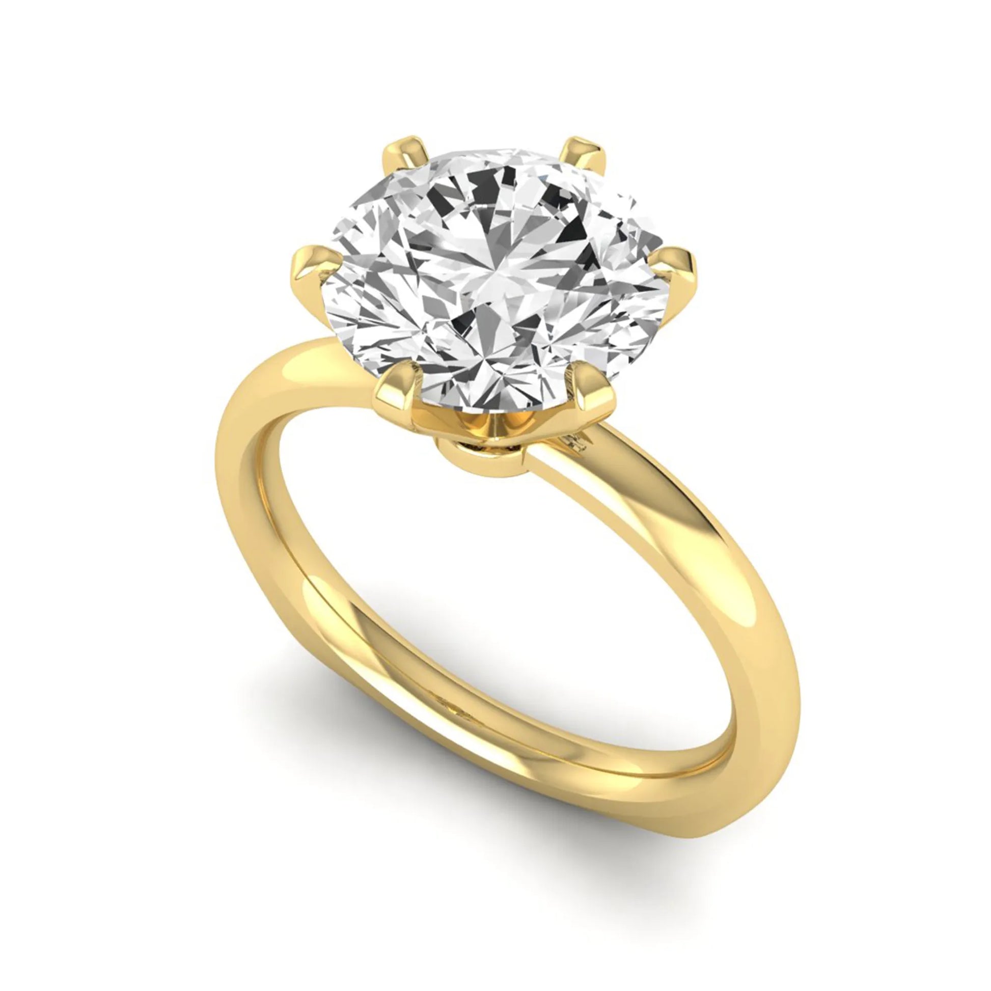 IGI certified round cut lab grown diamond solitaire engagement ring in yellow gold with a classic six-prong setting.