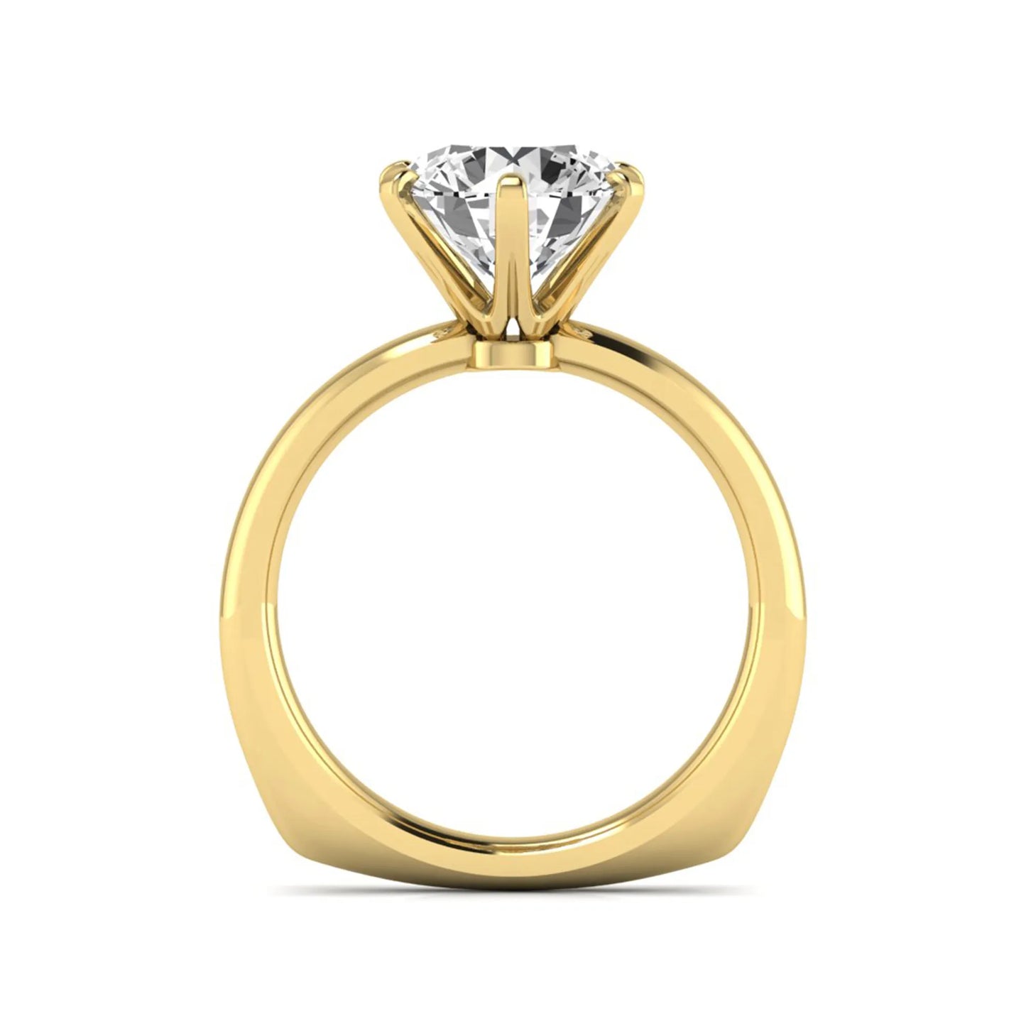 IGI certified round cut lab grown diamond solitaire engagement ring in yellow gold with a classic six-prong setting.