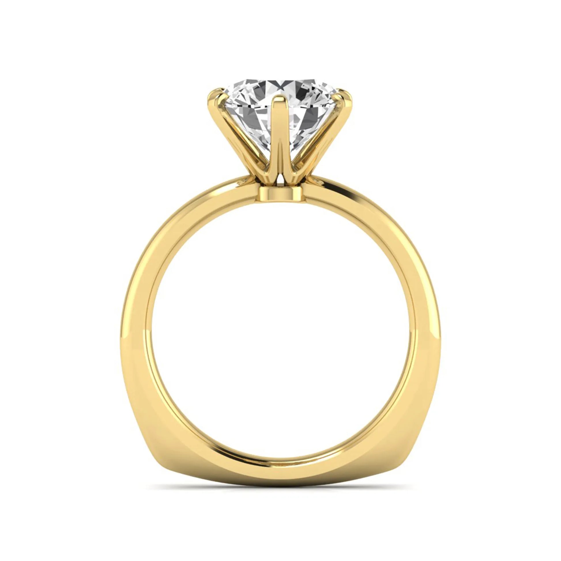 IGI certified round cut lab grown diamond solitaire engagement ring in yellow gold with a classic six-prong setting.