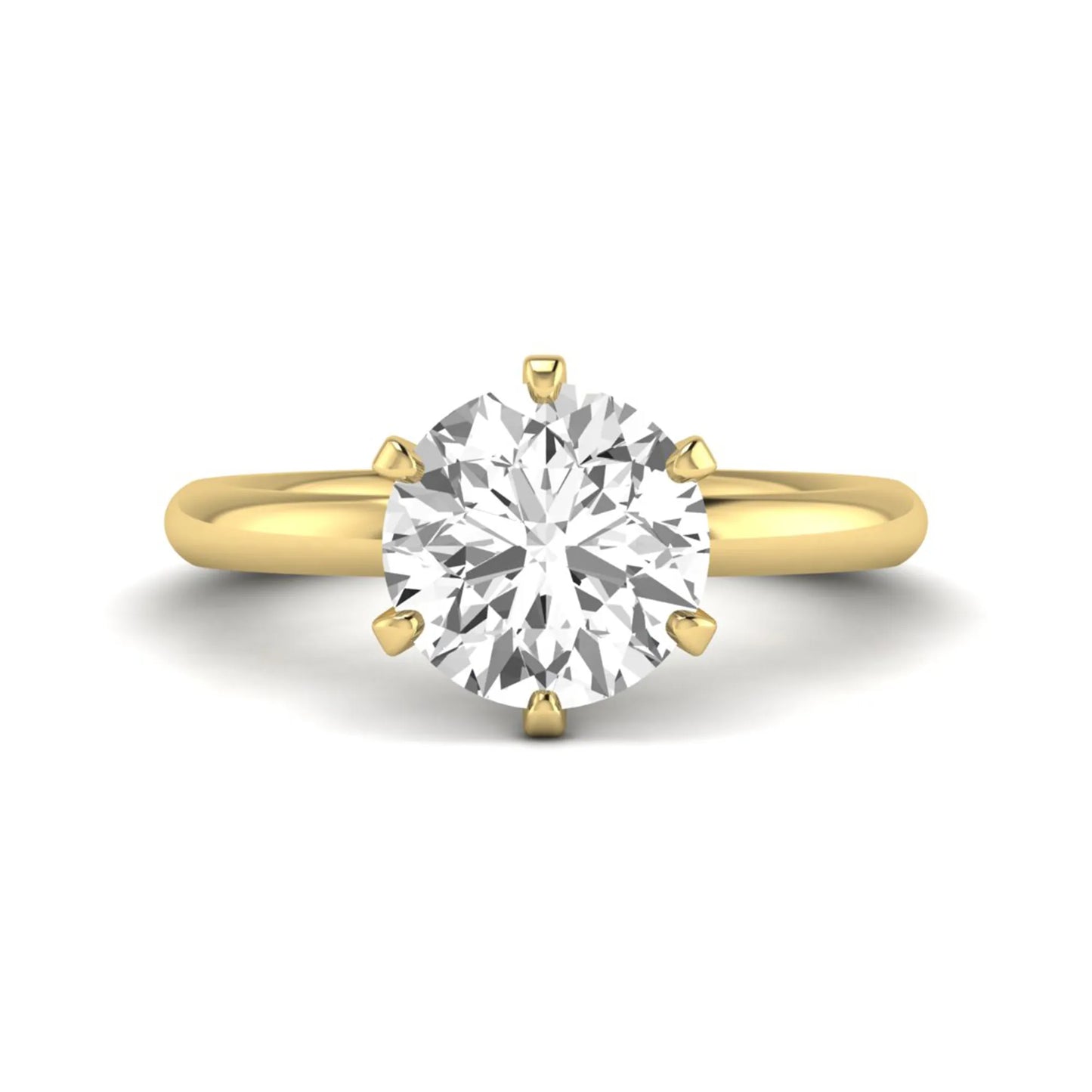 IGI certified round cut lab grown diamond solitaire engagement ring in yellow gold with a classic six-prong setting.