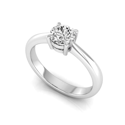 Round cut lab grown diamond solitaire engagement ring in white gold with classic four-prong setting.