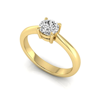 Round cut lab grown diamond solitaire engagement ring in yellow gold with classic four-prong setting.