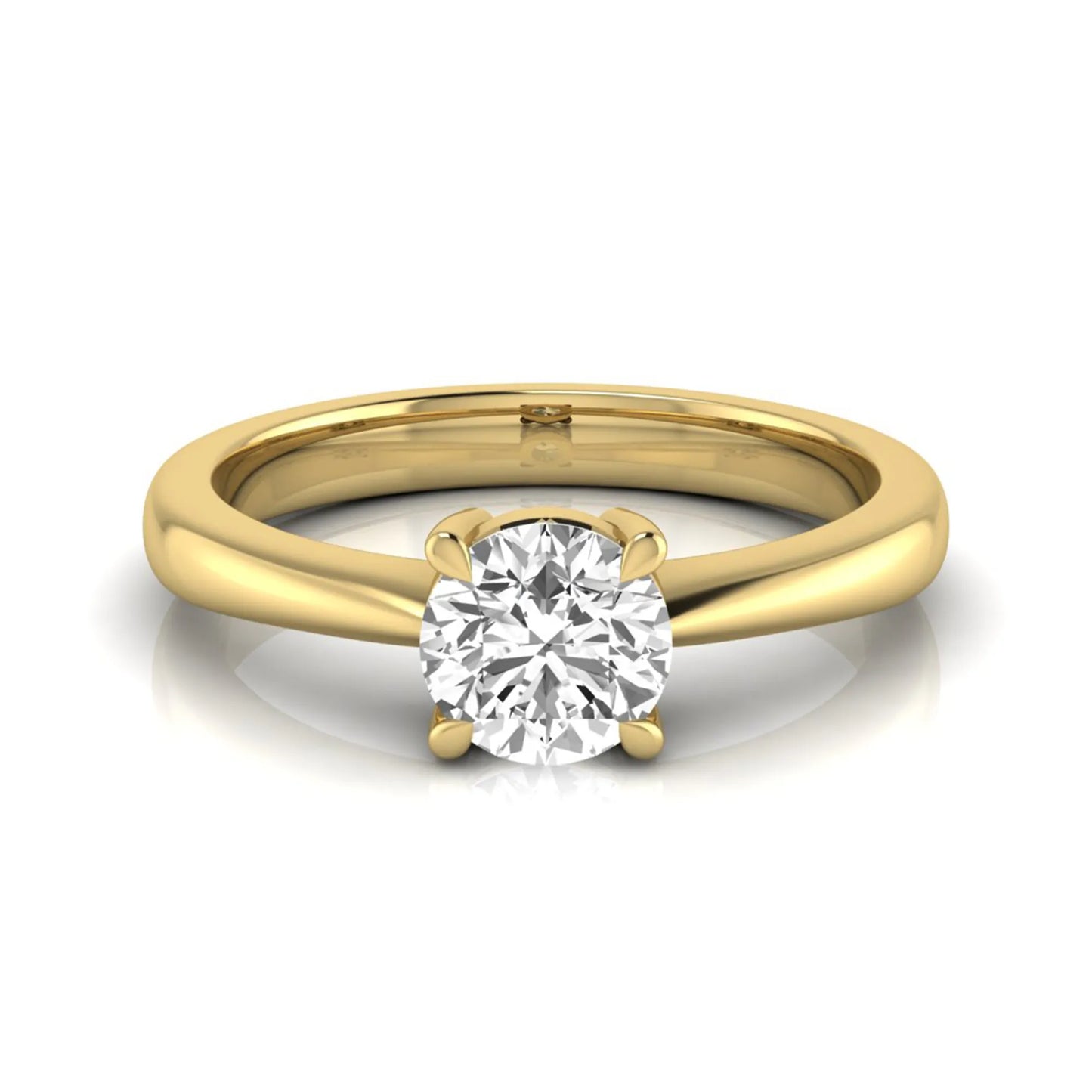 Round cut lab grown diamond solitaire engagement ring in yellow gold with classic four-prong setting.