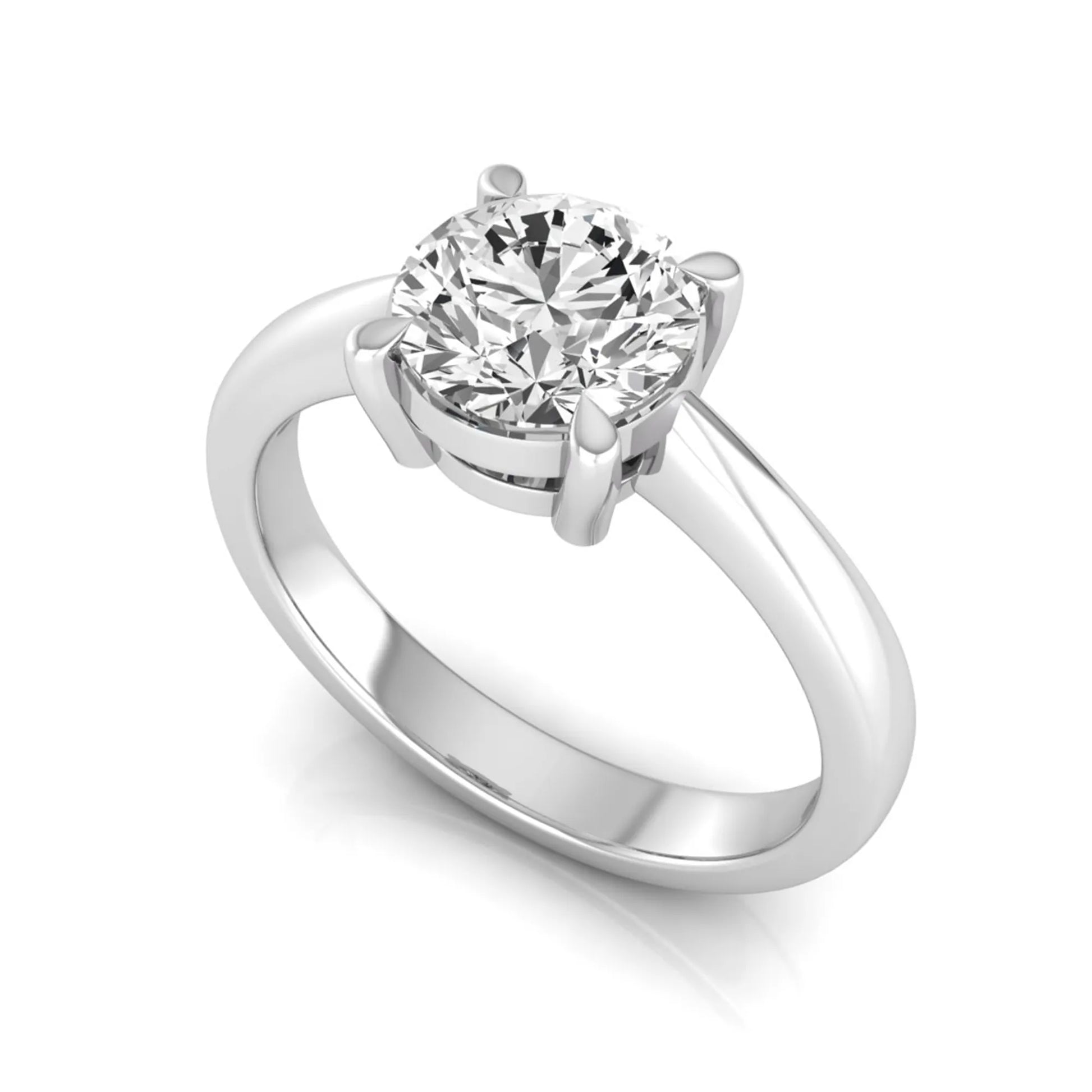 Round cut lab grown diamond solitaire engagement ring in white gold featuring a 1.28 carat IGI certified diamond.