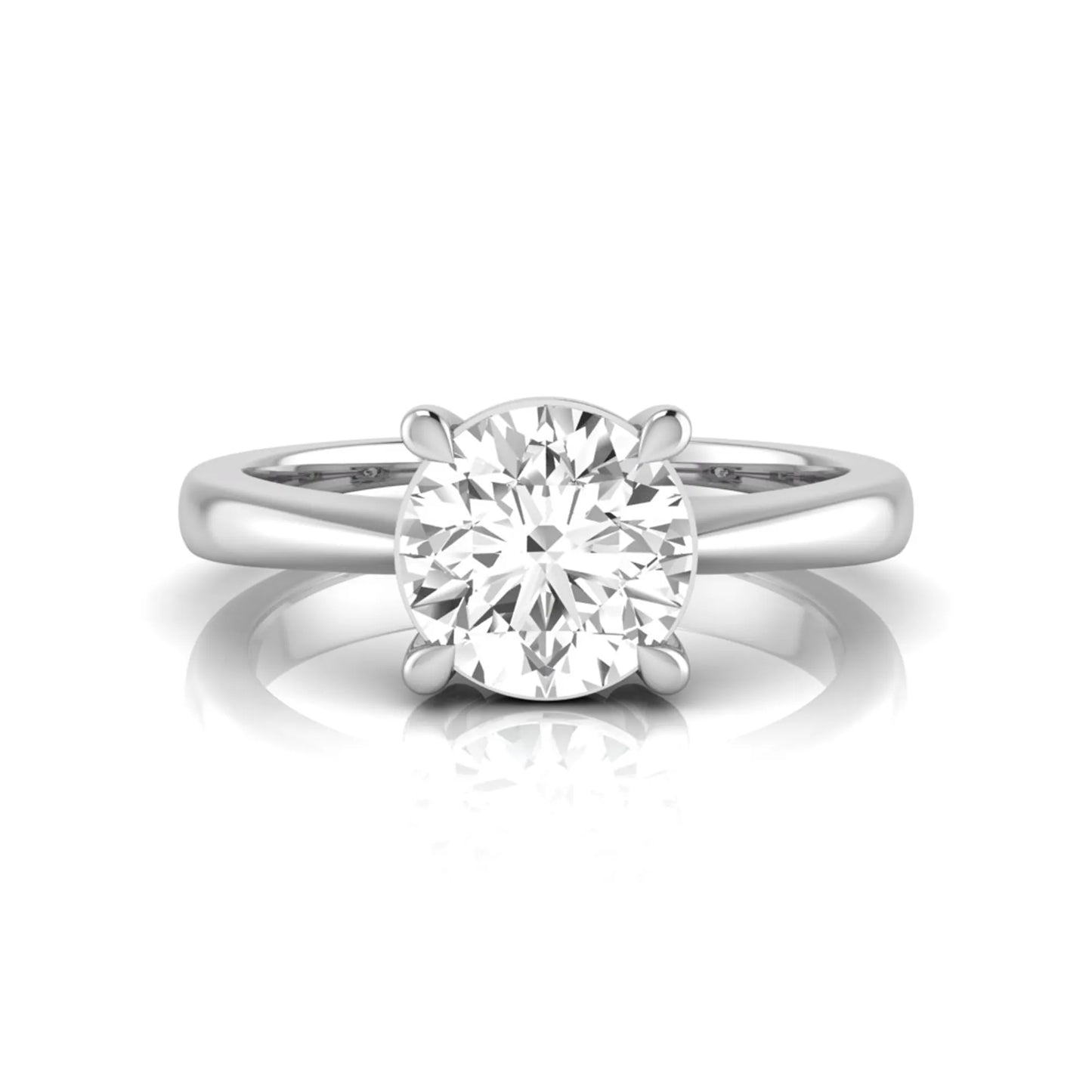 Round cut lab grown diamond solitaire engagement ring in white gold featuring a 1.28 carat IGI certified diamond.