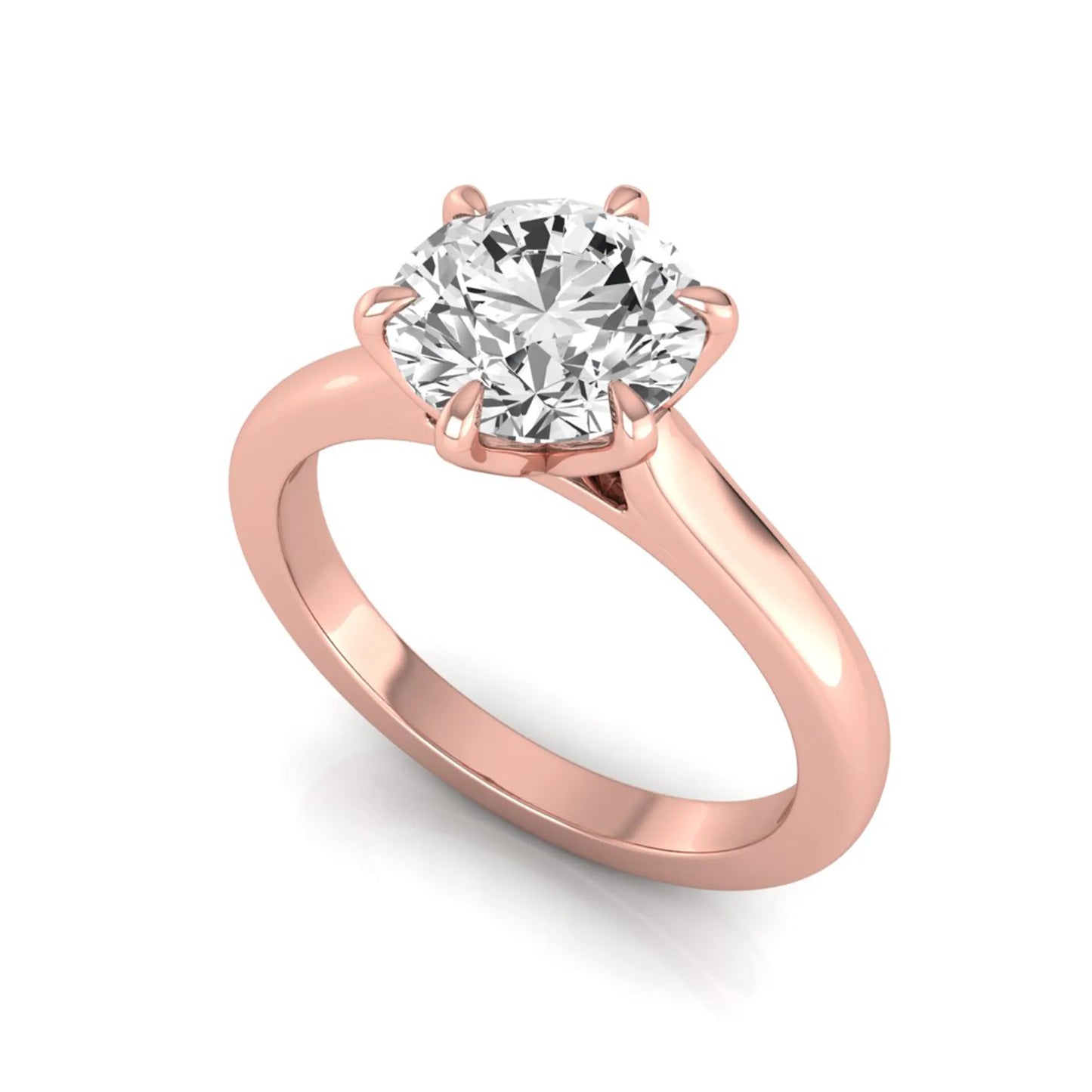 Round cut lab grown diamond solitaire engagement ring featuring a six-prong setting with a polished rose gold tone band.