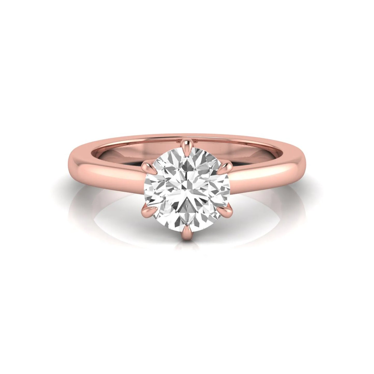 Round cut lab grown diamond solitaire engagement ring featuring a six-prong setting with a polished rose gold tone band.