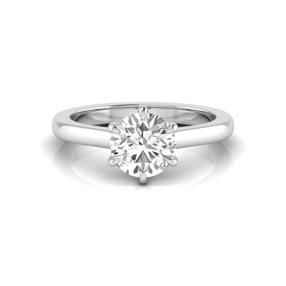 Round cut lab grown diamond solitaire engagement ring featuring a six-prong setting with a polished white gold tone band.